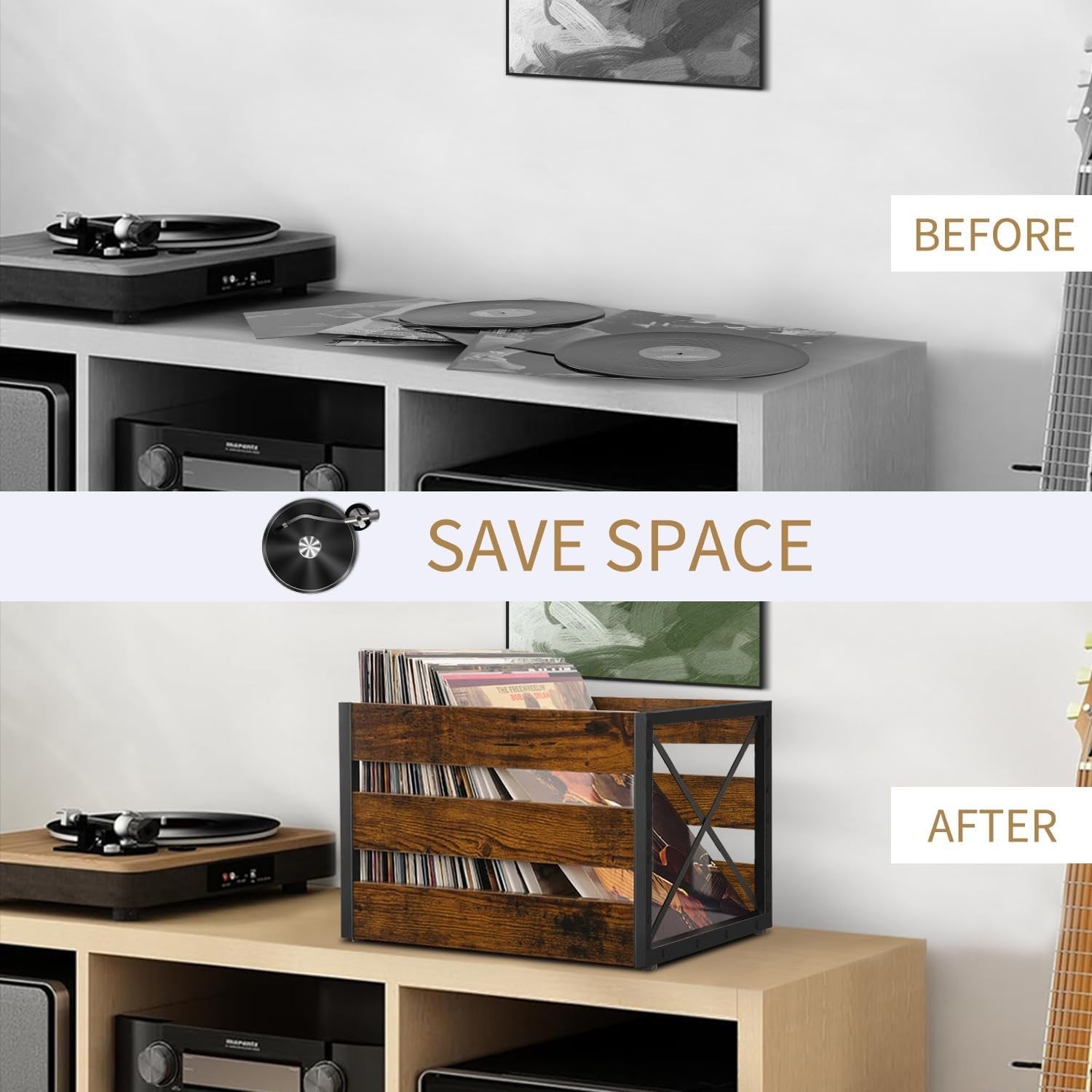 YINMIT vinyl record storage crate with metal frame and wooden panels, designed for large LP record organization.