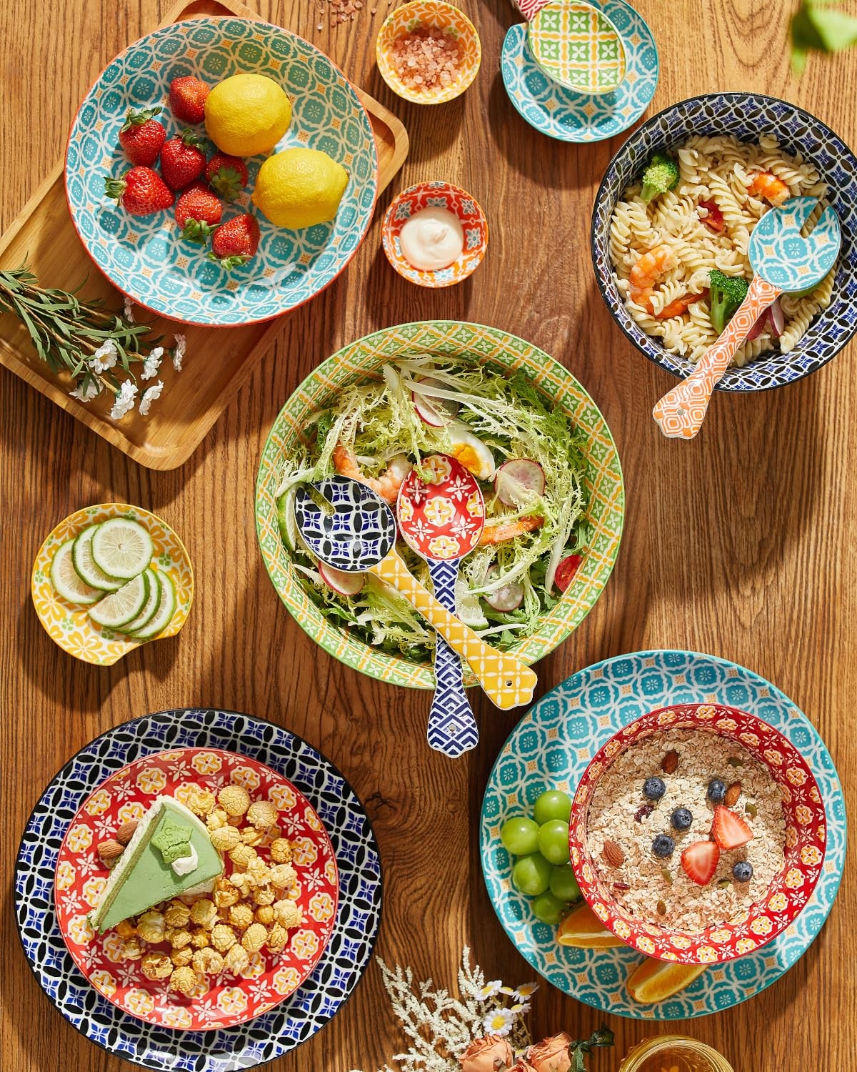 Colorful Metahom ceramic mixing bowls set with nesting design, large serving bowls for kitchen use, stacked and displayed on a countertop.