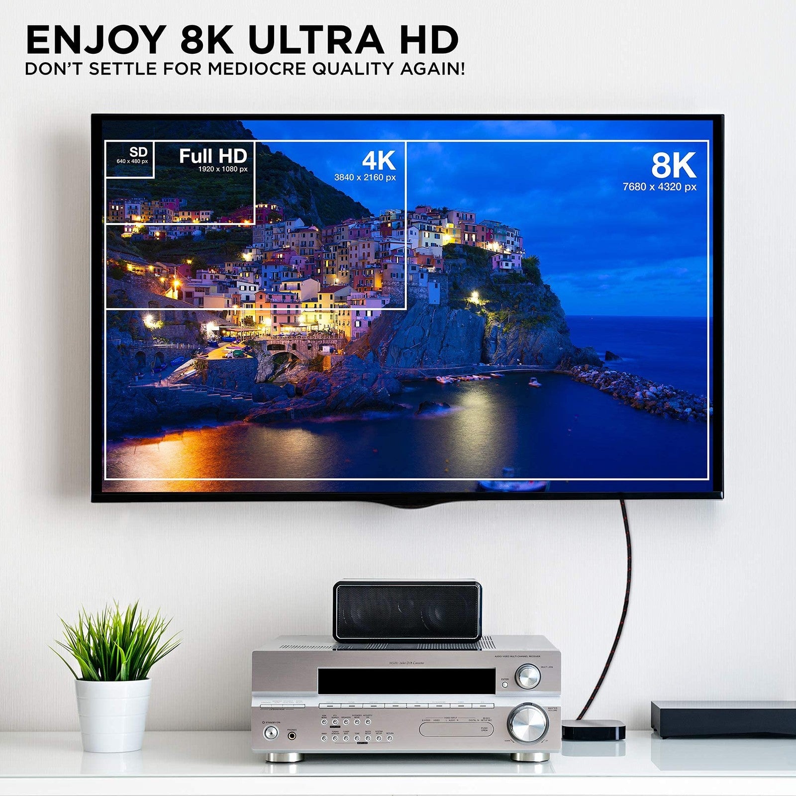 Ritz Gear 8K HDMI 2.1 cable, 9.8 ft, braided nylon, ultra high speed 48 Gbps, two-pack, suitable for 8K video and gaming.