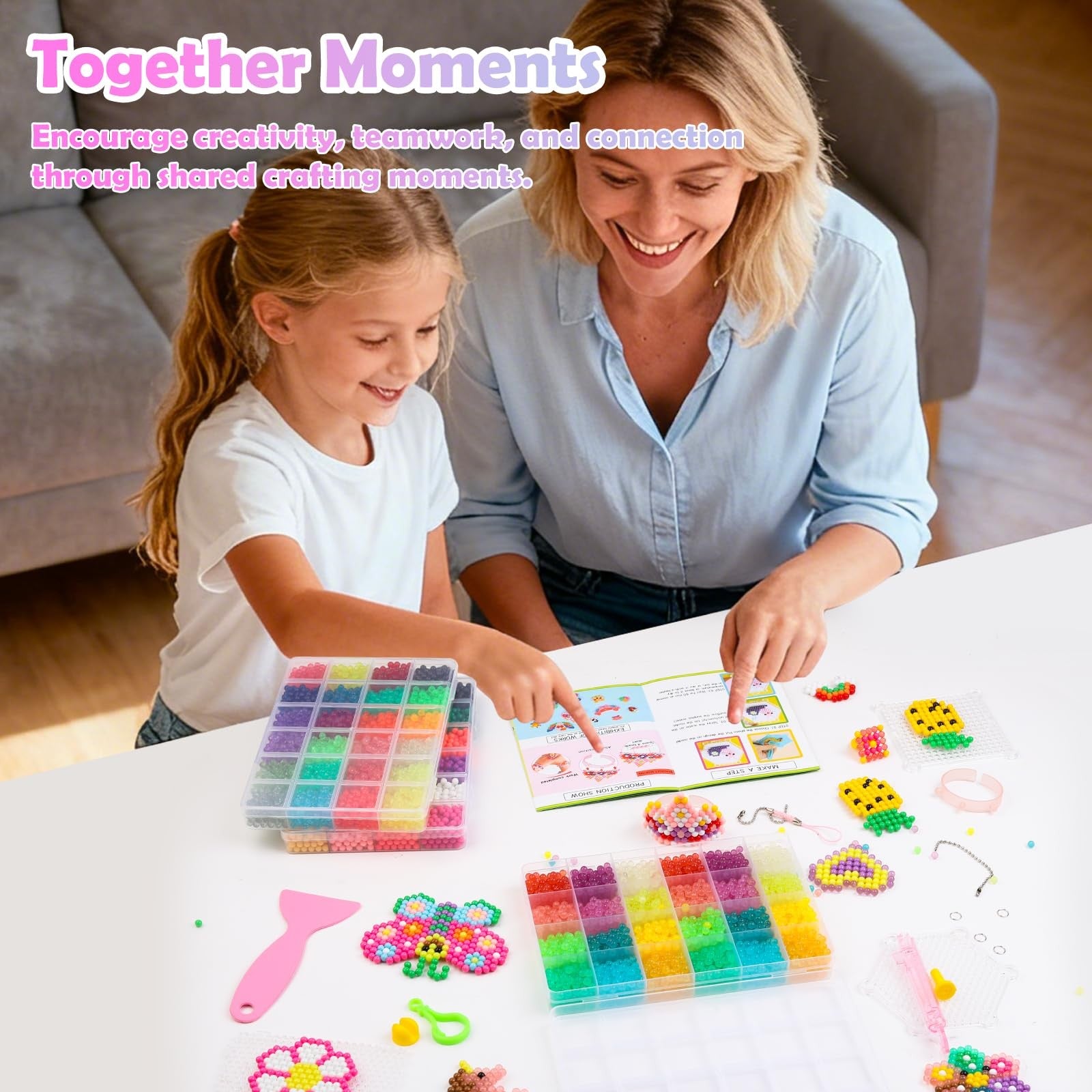 Liangding 9000 pcs non-iron fuse beads kit with 72 colors and 5mm beads on pegs for creative craft projects.