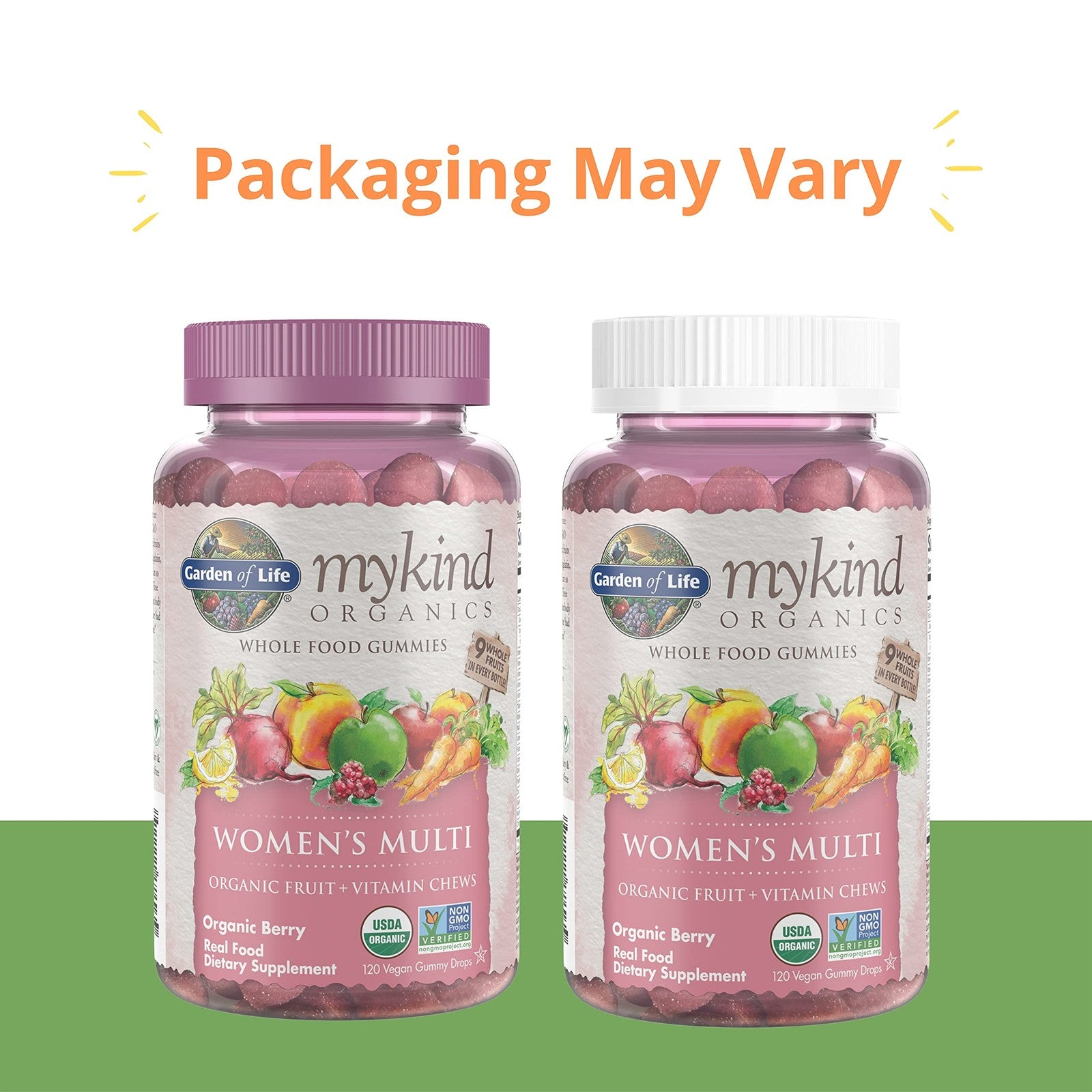 Garden of Life Women's Gummy Vitamins in berry flavor, organic and non-GMO, displayed in a clear container with gummies visible.