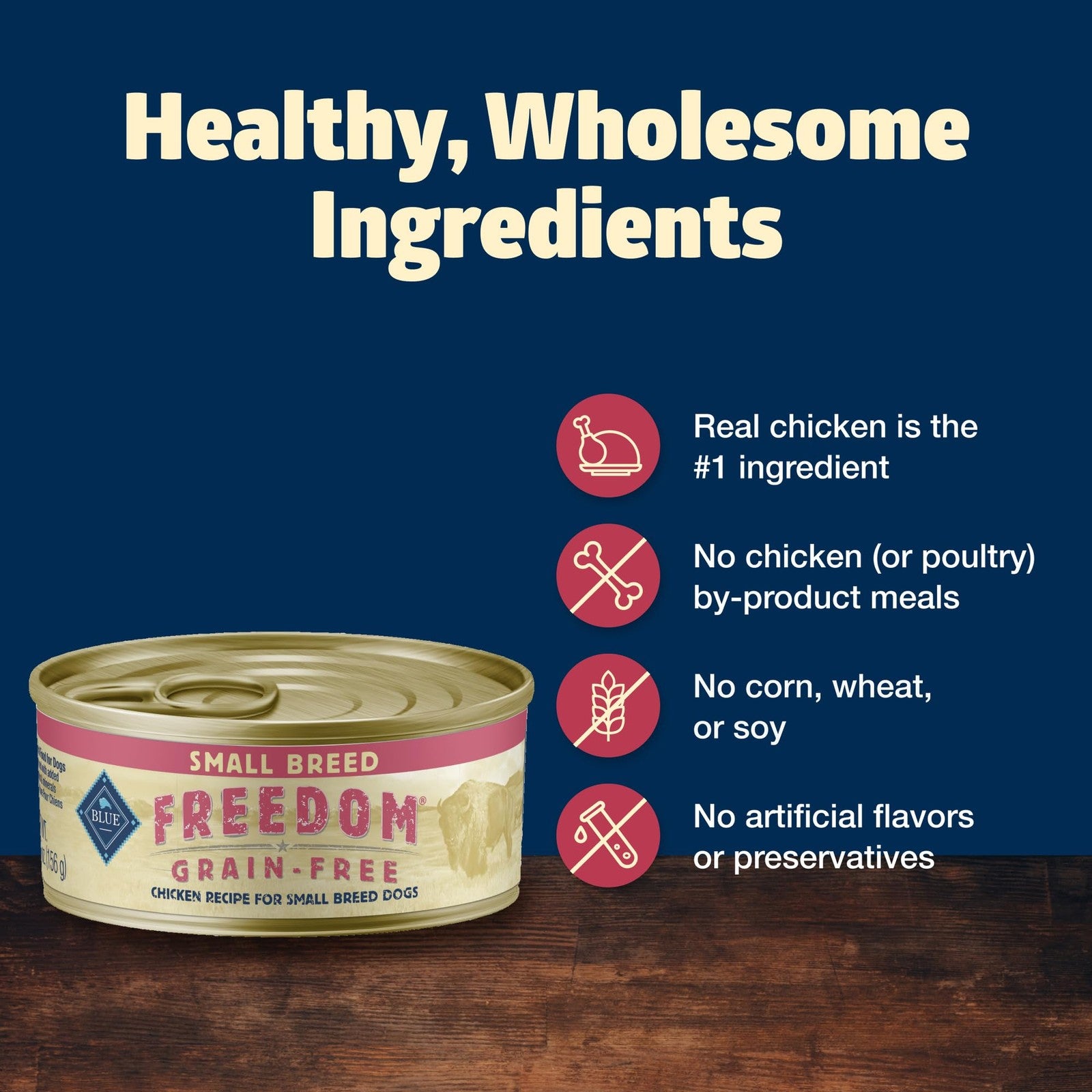 Blue Buffalo Freedom Grain-Free Adult Small Breed Wet Dog Food with chicken, showing the canned dog food and label.