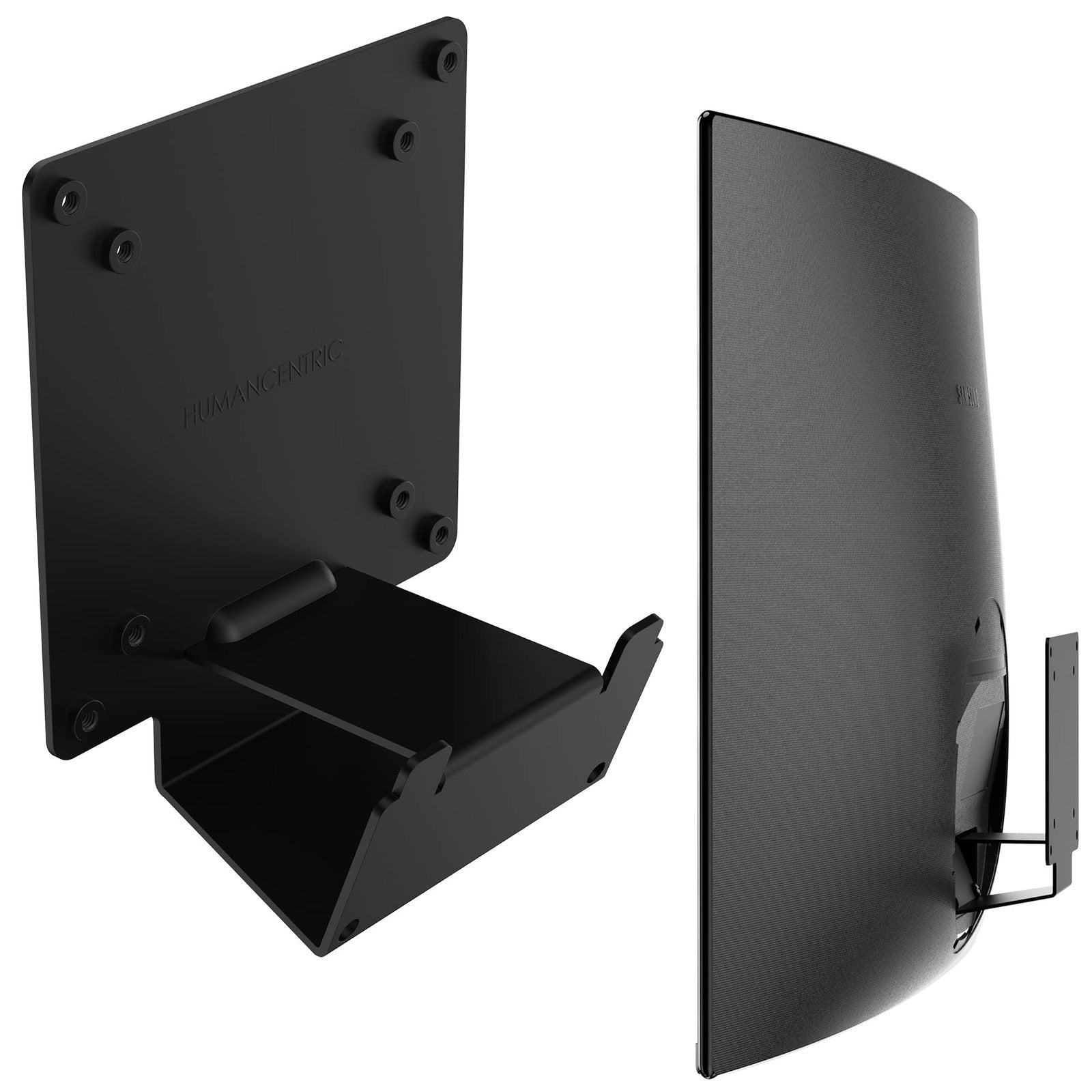 HumanCentric VESA mount adapter attached to Samsung U32R590 curved monitor for seamless wall mounting solution.
