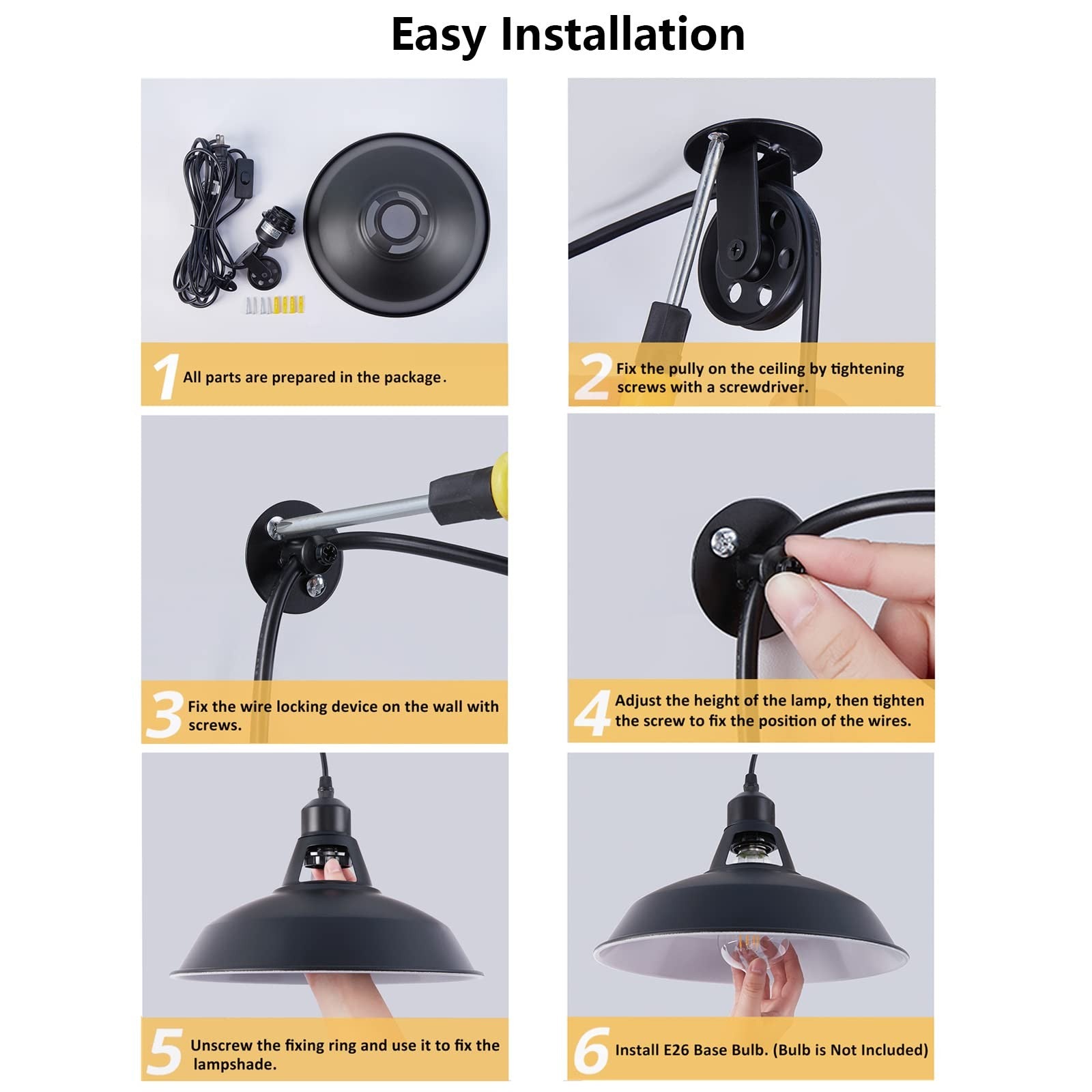 Lomoky industrial plug-in pulley pendant light with 14.76ft cord, on/off switch, hanging from ceiling, modern industrial design