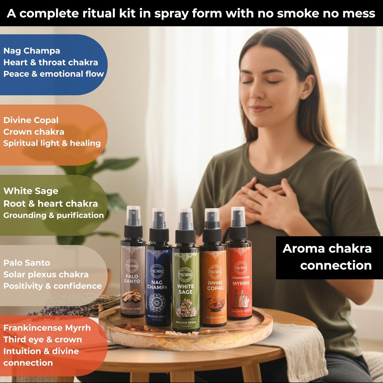 Set of five TRUMIRI smudge sprays with white sage, palo santo, frankincense, myrrh, nag champa, and copal for spiritual cleansing.