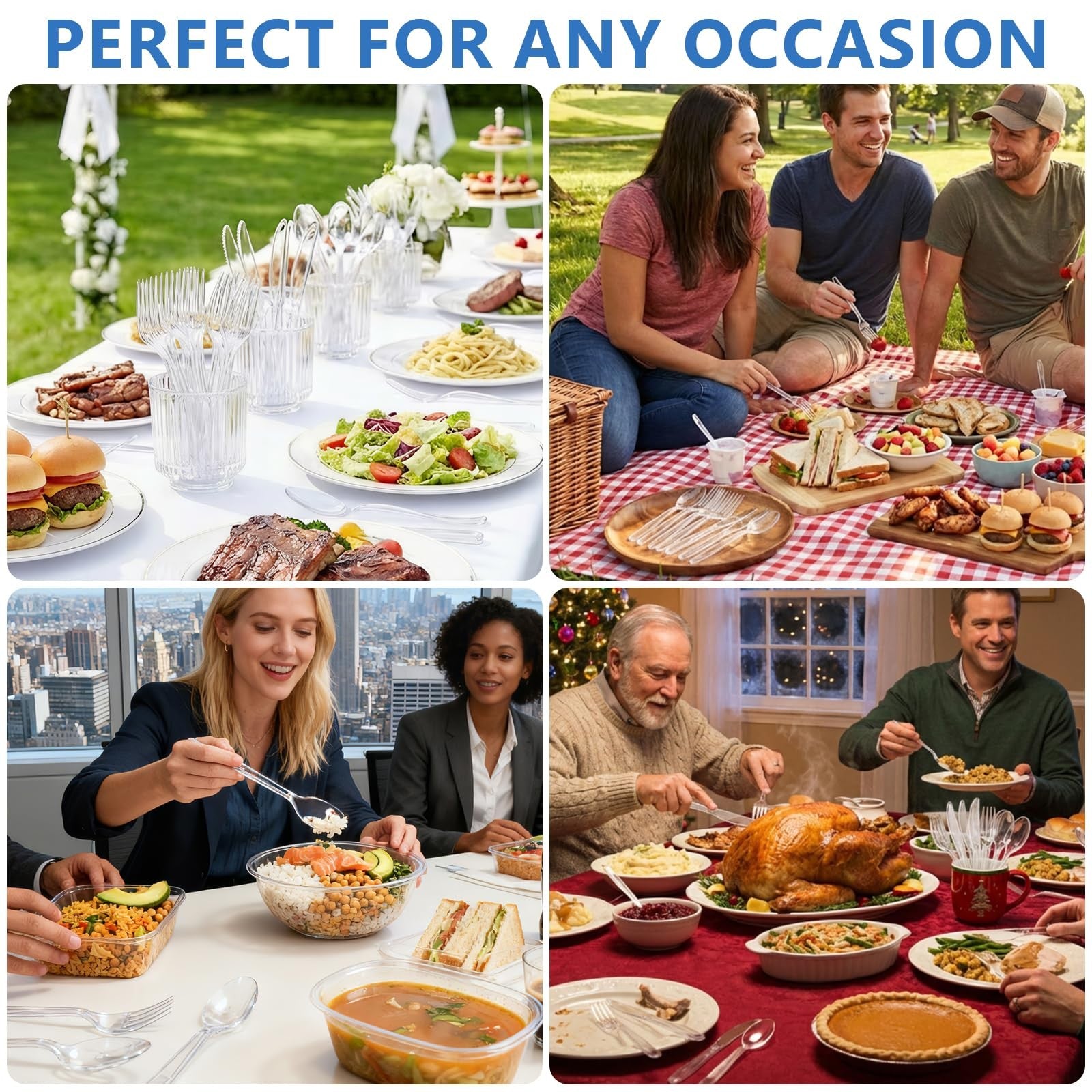 SACATR 500-pack of heavy-duty clear plastic spoons, BPA-free and heat resistant disposable utensils arranged in a pile