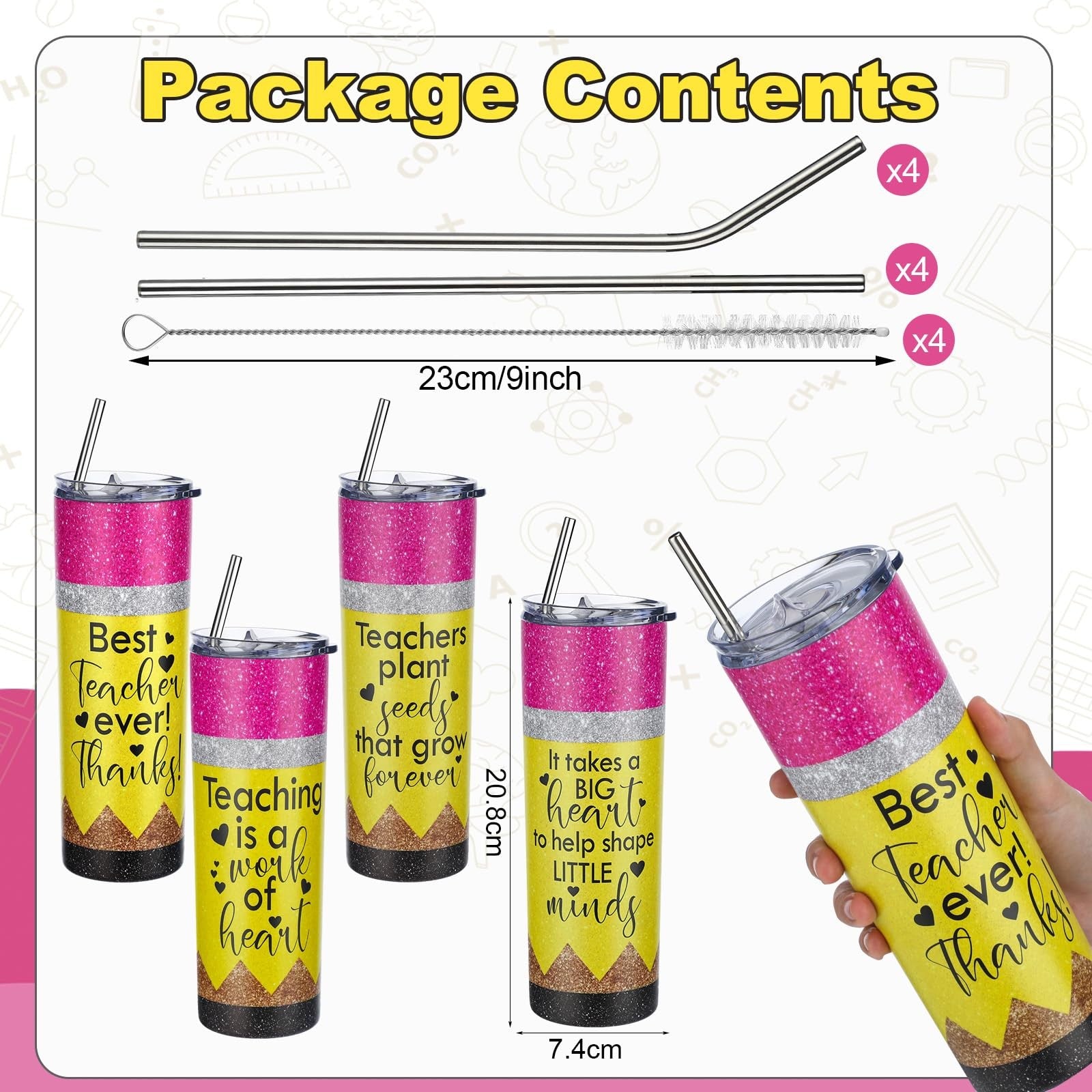 Set of four Sunnychicc 20oz teacher appreciation gifts with colorful designs, ideal for end-of-year teacher gifts.