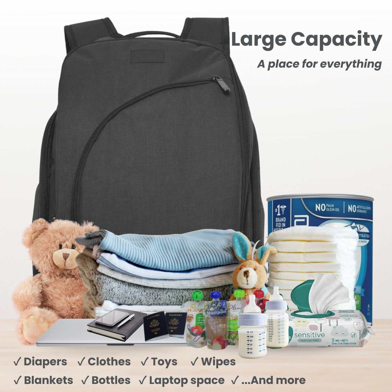 Black JOHAR Diaper Backpack with spacious compartments, waterproof polyester, insulated pockets, and changing pad
