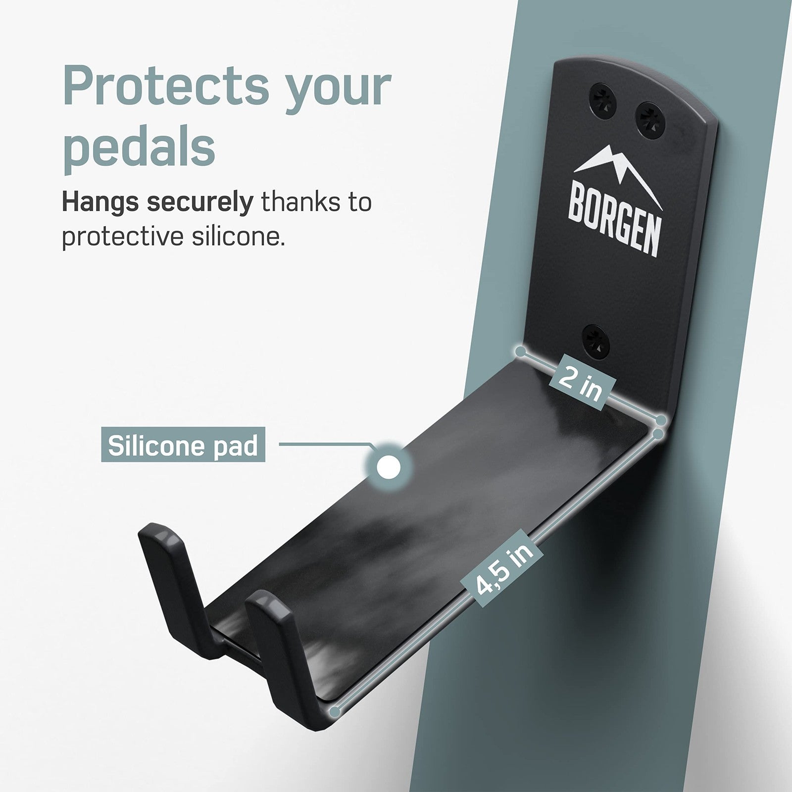 Borgen bike wall mount pedal hook for e-bikes, mountain bikes, and road bikes, attached to a wall for easy bicycle storage.