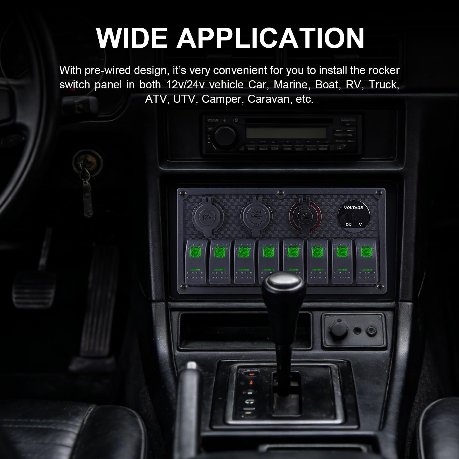 Marine switch panel with 8 gang rocker switches for 12/24V systems, featuring toggle switches for boat or vehicle control.