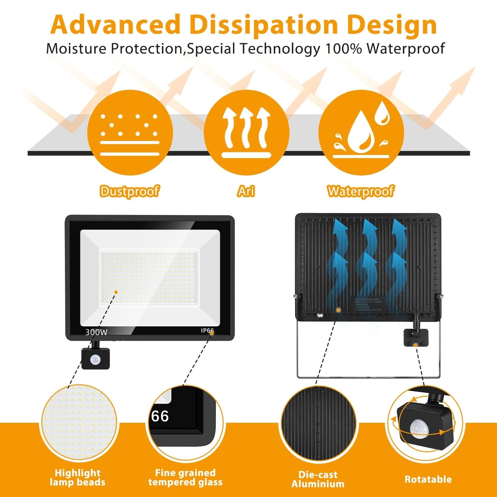 Two unbranded 300W LED motion sensor flood lights with bright white illumination and adjustable mounting brackets.