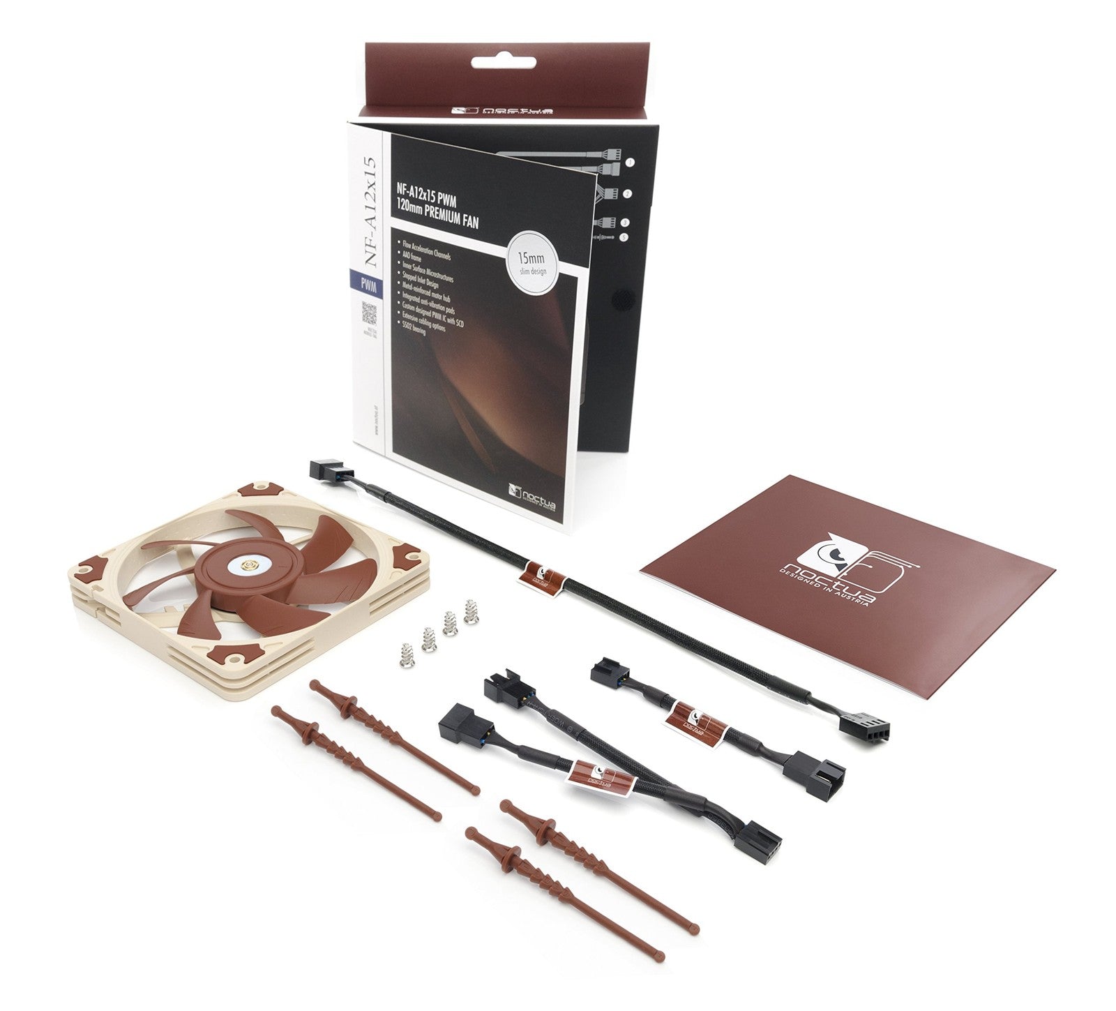 Noctua NF-A12x15 PWM quiet slim 120mm brown fan with 4-pin connector, designed for optimal airflow and low noise.