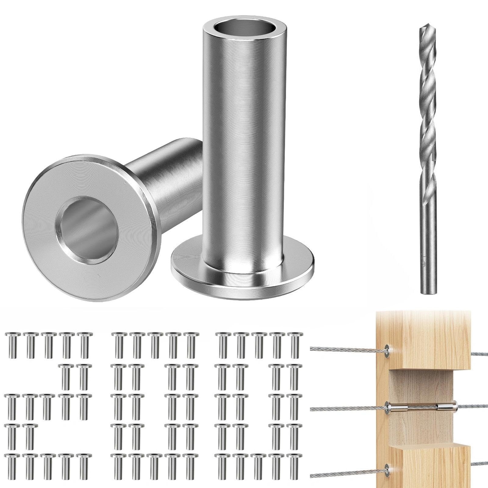 Steel DN Mate 200 pack stainless steel protector sleeves for 1/8" wire rope, cab application, shown in a close-up image.