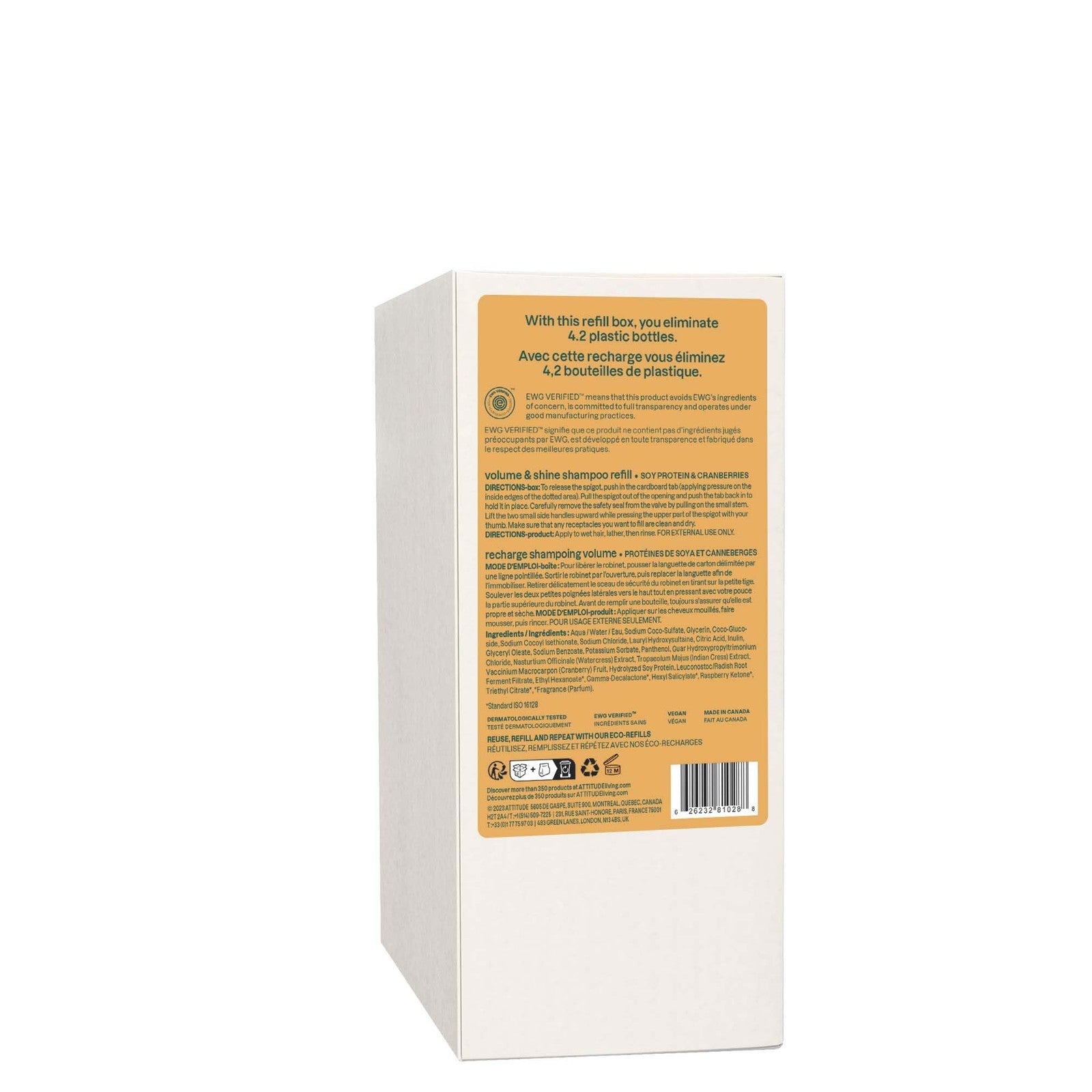 Bottle of ATTITUDE Volume & Shine Shampoo for thin hair with orange blossom scent, natural ingredients, EWG Verified.