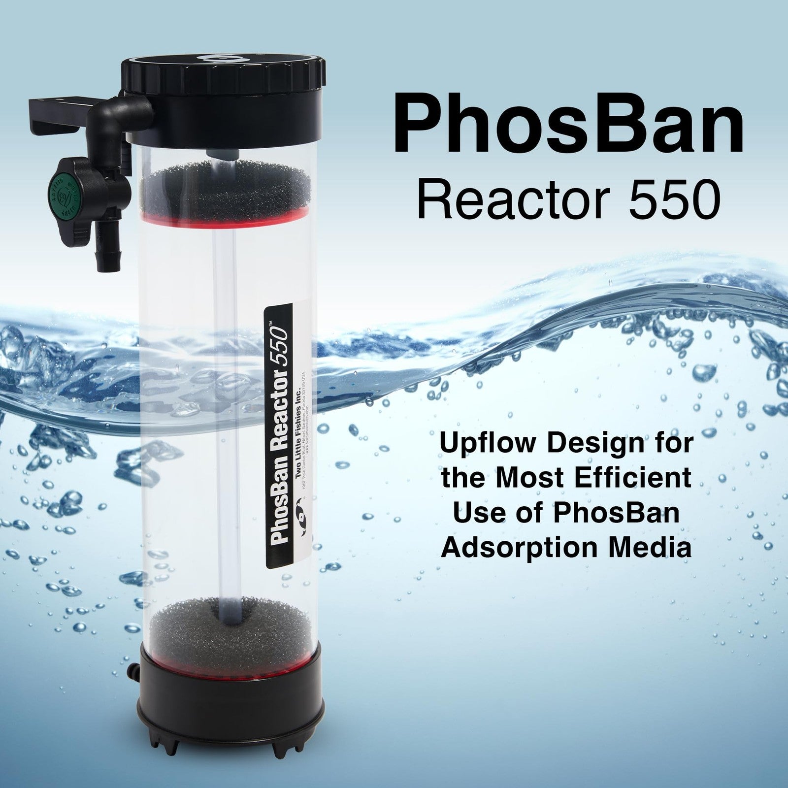 Two Little Fishies Atlpbr550 Gfo Phosban Reactor 550 used in reef aquarium filtration with clear plastic components.