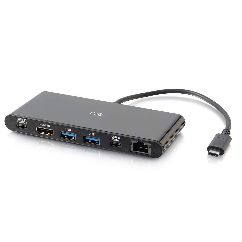 C2G USB-C 6-in-1 mini dock with 4K HDMI port, Ethernet, USB ports, and Power Delivery for versatile connectivity.