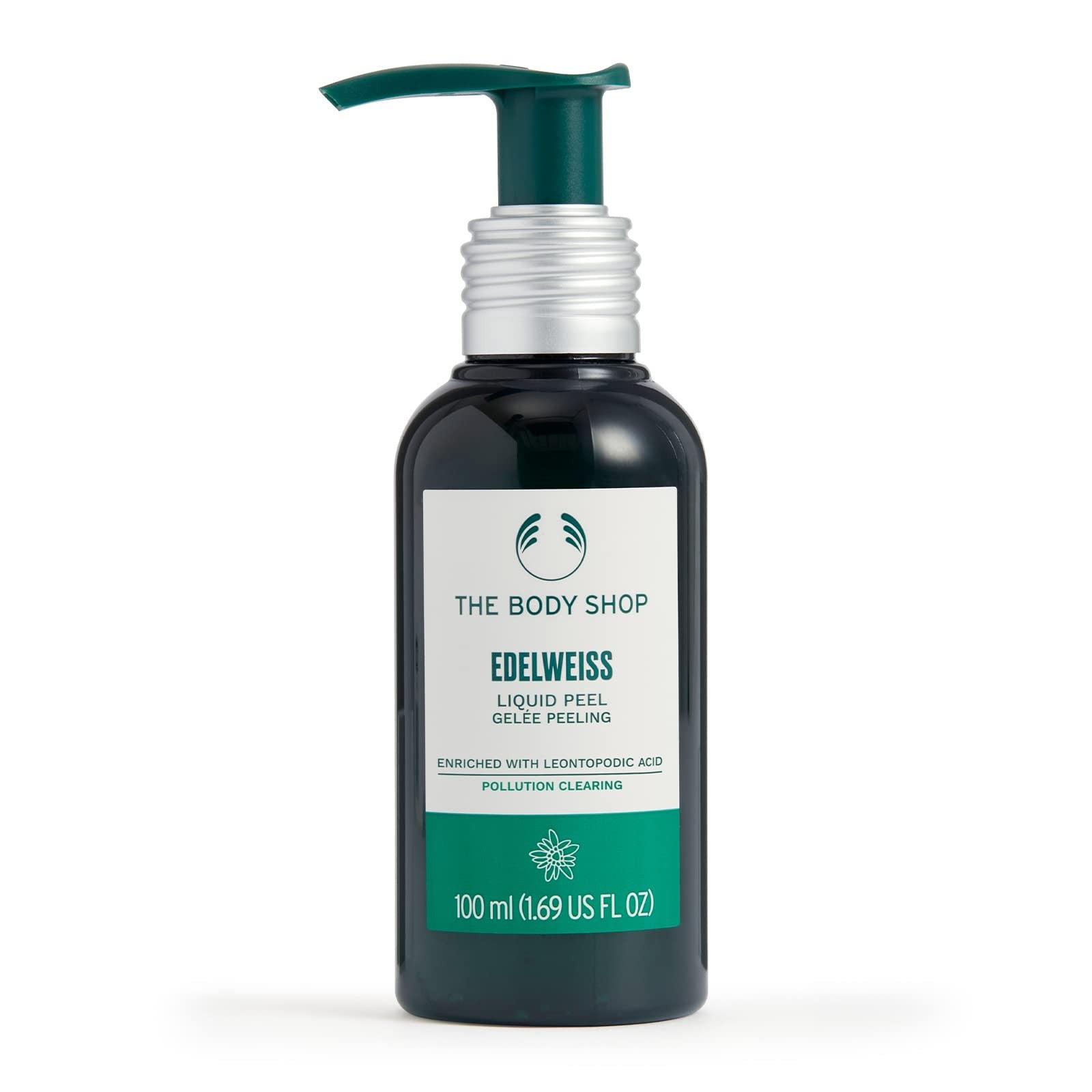 The Body Shop Edelweiss Liquid Peel bottle with clear liquid and white cap, designed for exfoliating and removing impurities from skin.