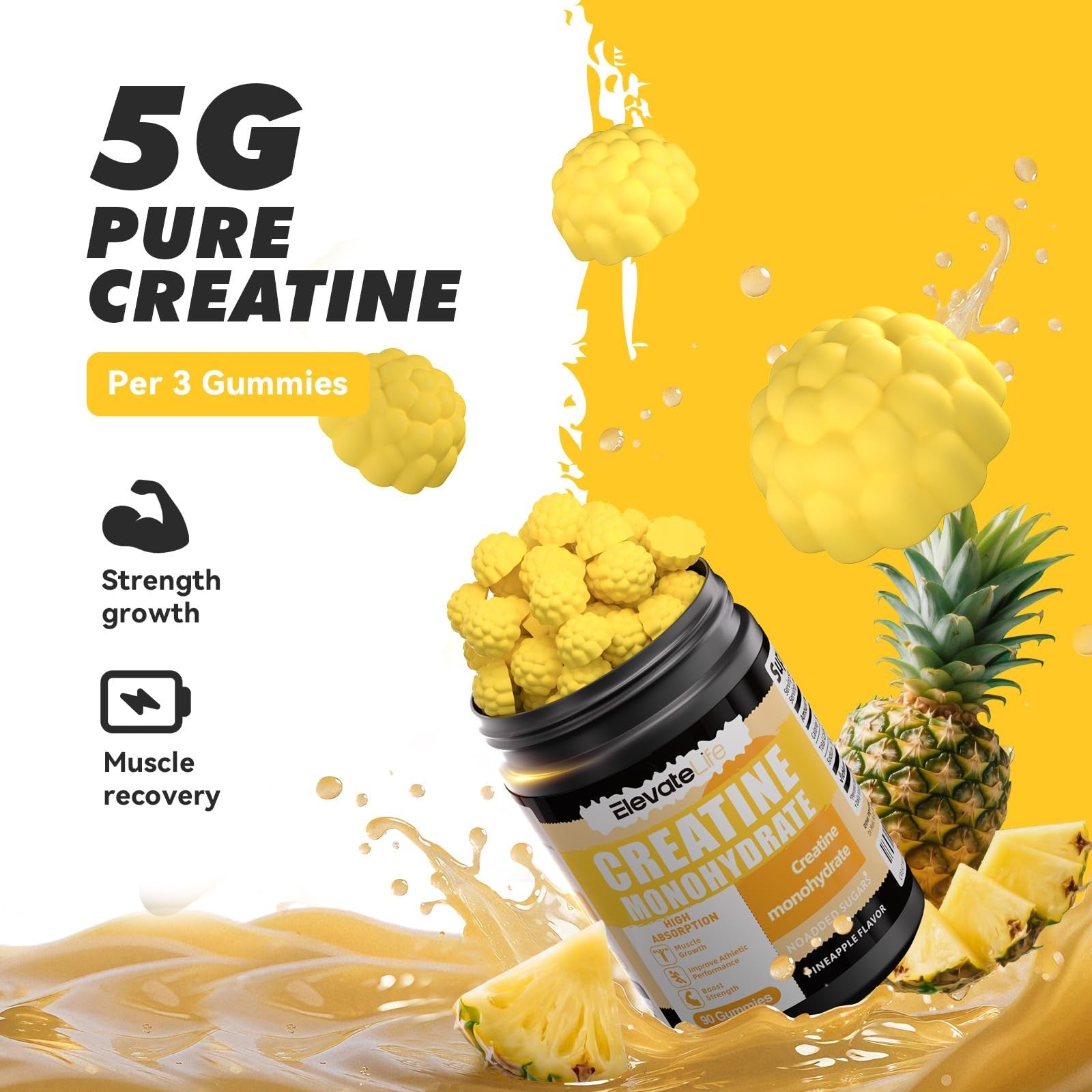 ElevateLife Creatine Monohydrate Gummies for men and women, 5000mg chewables with colorful gummy shapes on a white background.