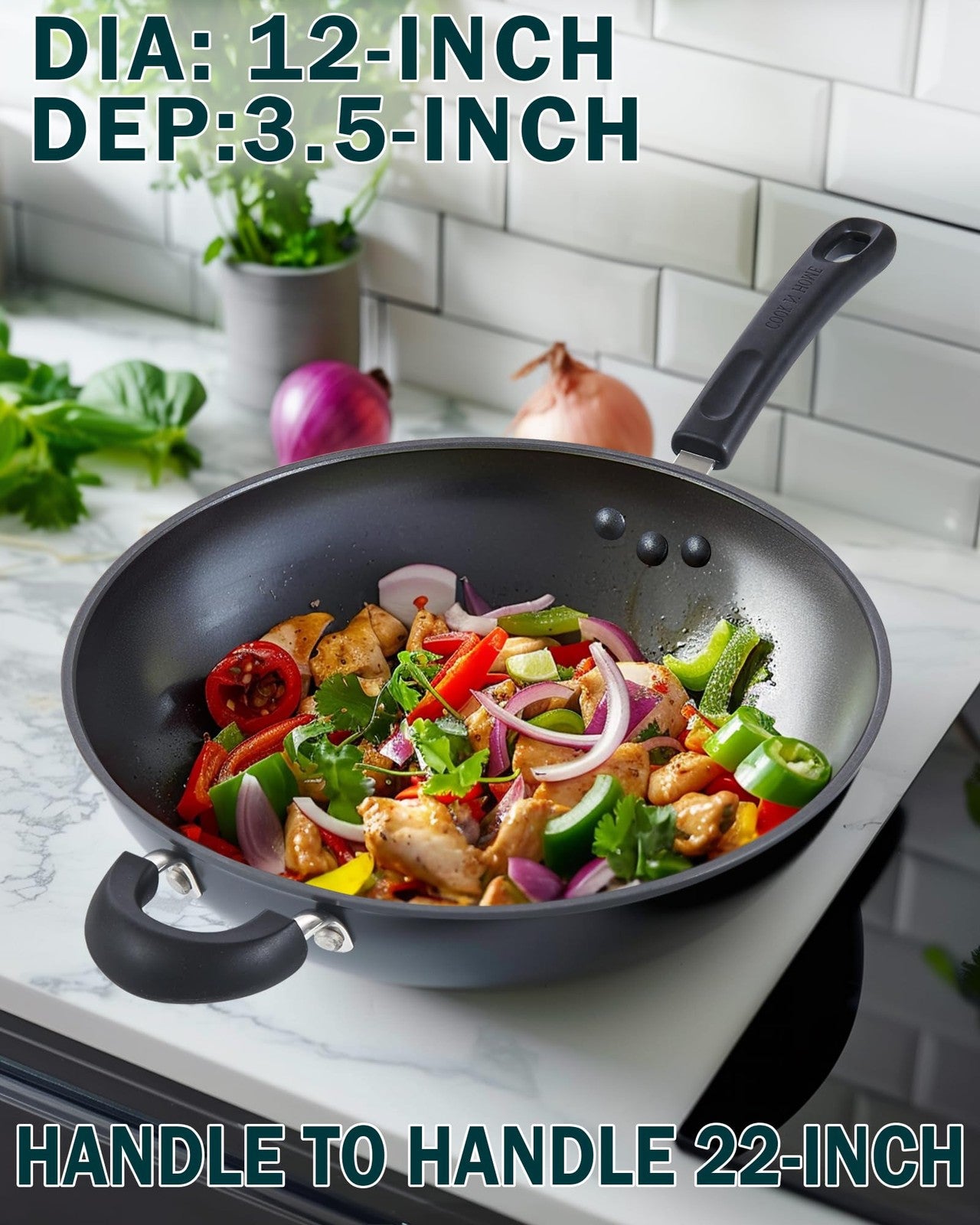 Cook N Home 12-inch hard anodized nonstick wok with lid, ideal for stir-frying and Asian cuisine cooking.