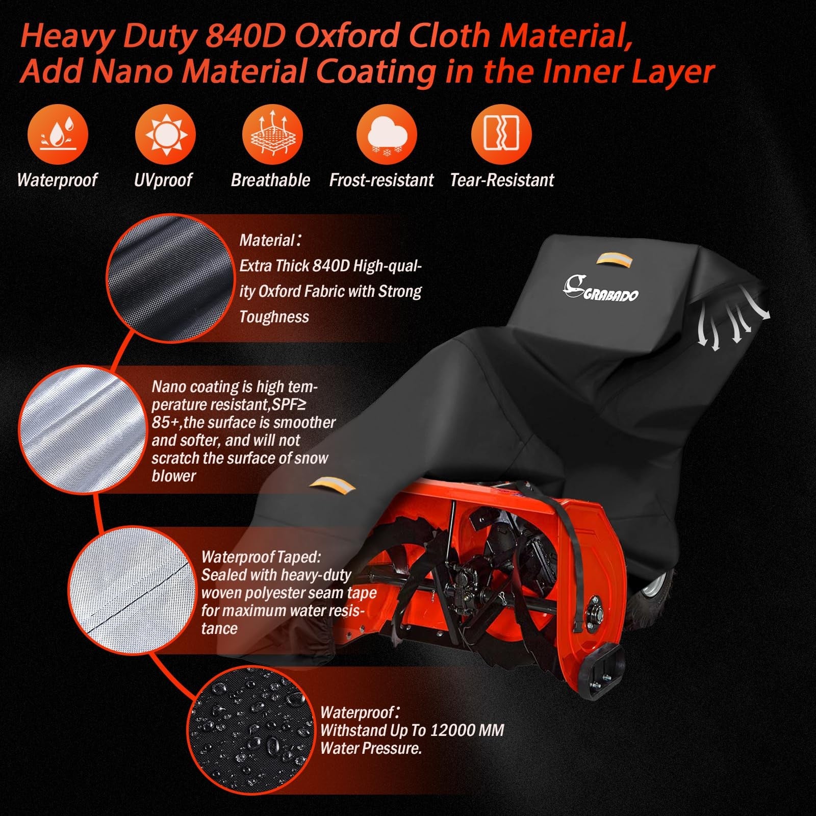 GRABADO heavy-duty 840D snow blower cover, waterproof outdoor protective cover for snowblowers, shows the cover on a snowblower.