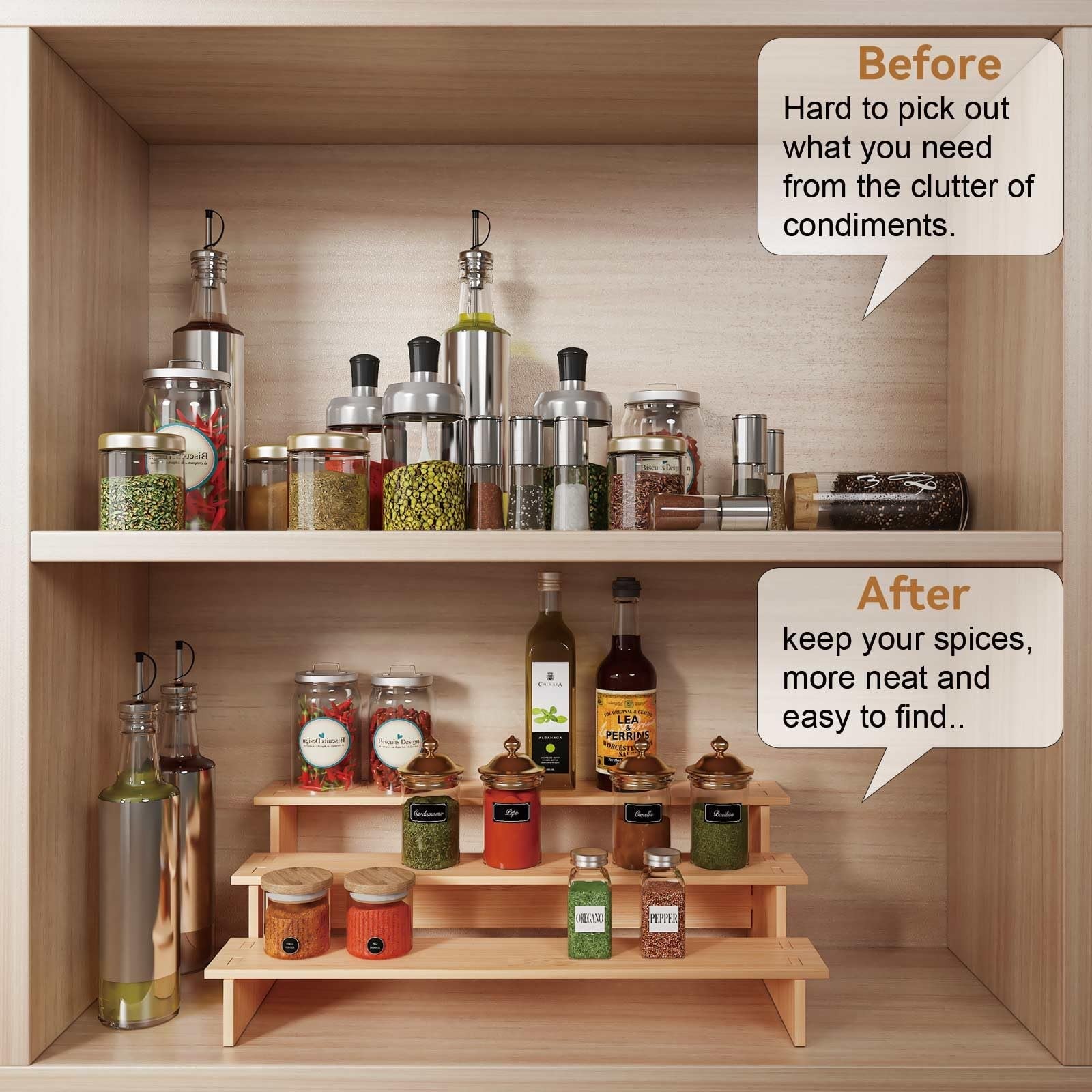 JinDoWin 3-tier spice rack organizer for cabinets, showing stacked metal shelves with spice jars in a kitchen cabinet.