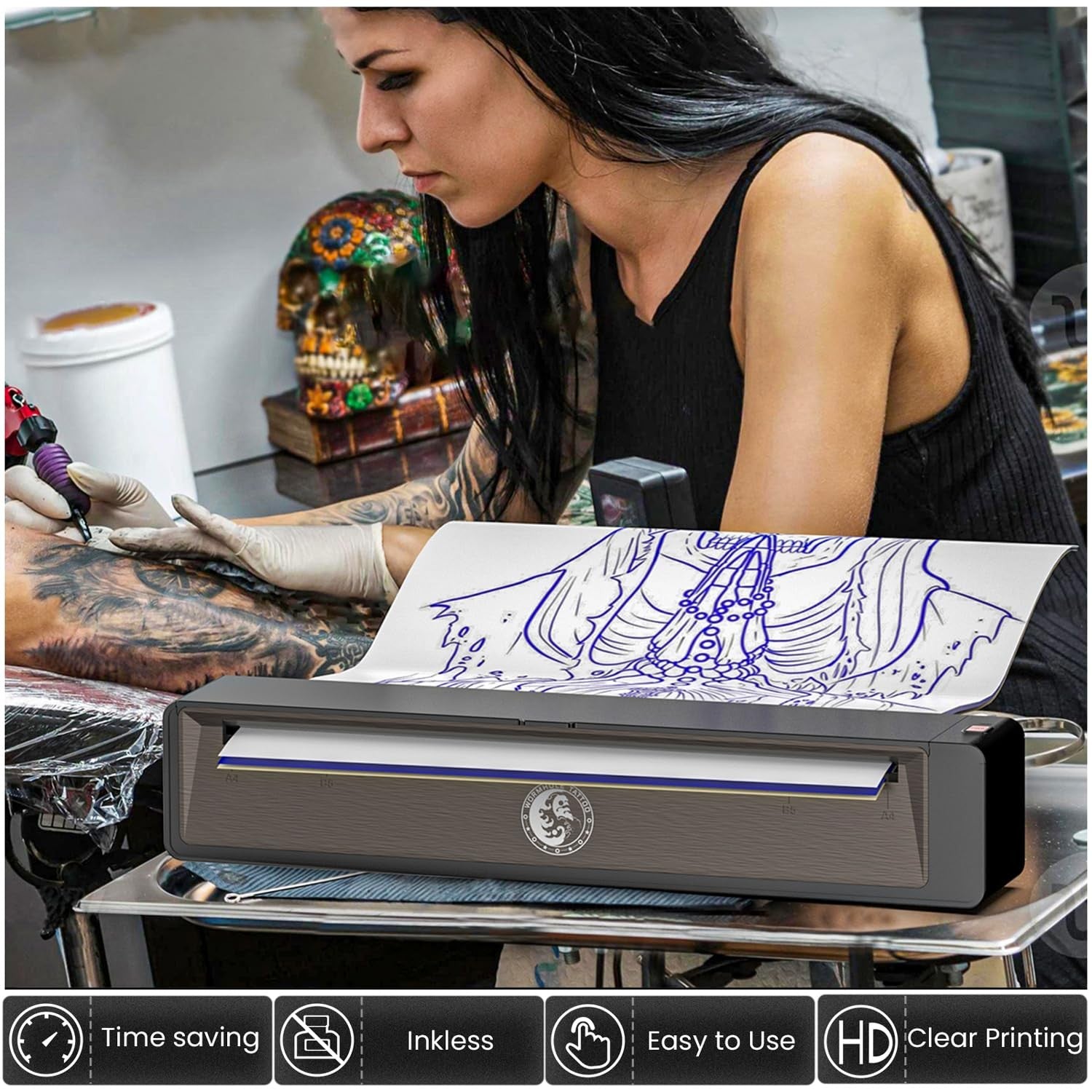 Wormhole Tattoo stencil printer with wireless Bluetooth, portable design, and 2,500mAh battery, ideal for tattoo stencil printing.