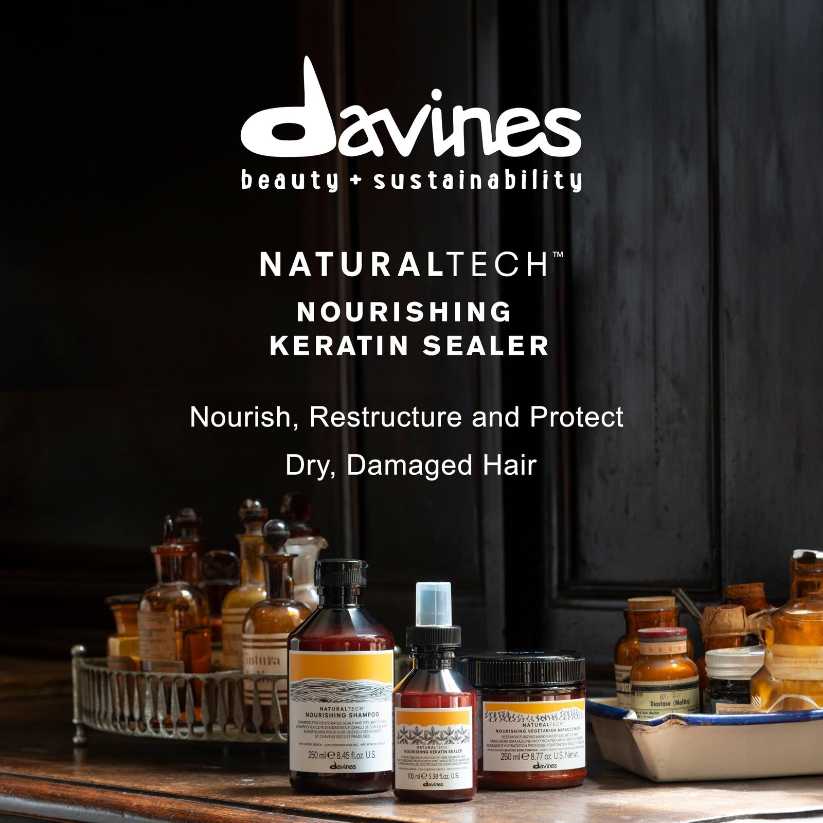 Davines Naturaltech Nourishing Keratin Sealer bottle showing softening and protective hair treatment for damaged hair.