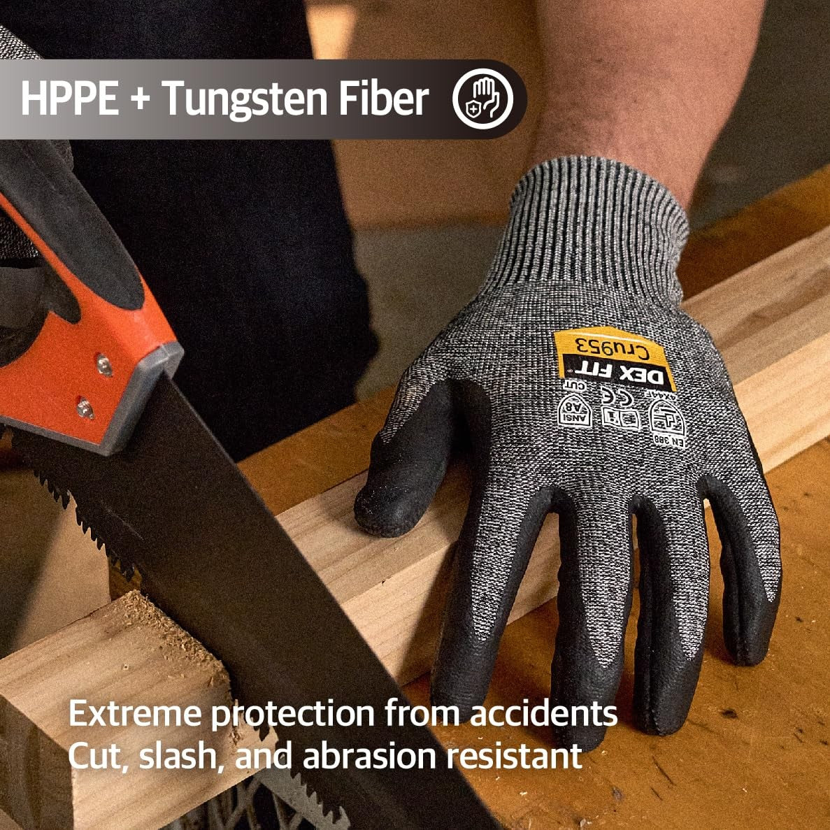 DEX FIT Cut Resistant Gloves Cru953 showing tungsten protection, ergonomic 3D design, and itch-free comfort for safe handling.