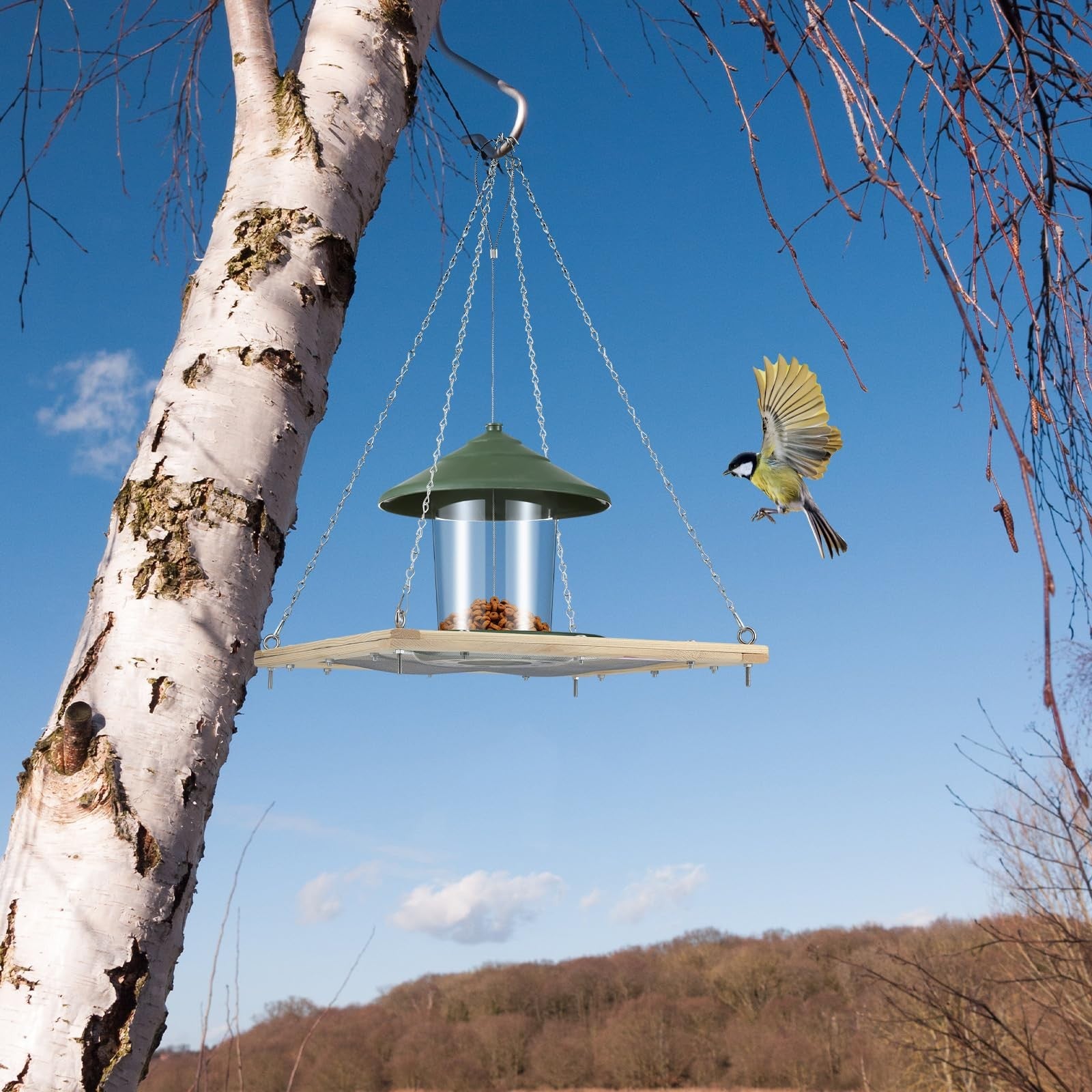 Kritkin 16-inch wooden bird seed catcher tray hanging platform with raised edges for outdoor bird feeding.