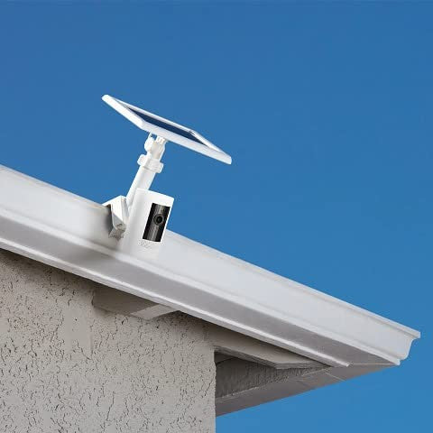 White Ring gutter mount for cameras and solar panels, showing installation on a building's gutter with secure attachment.