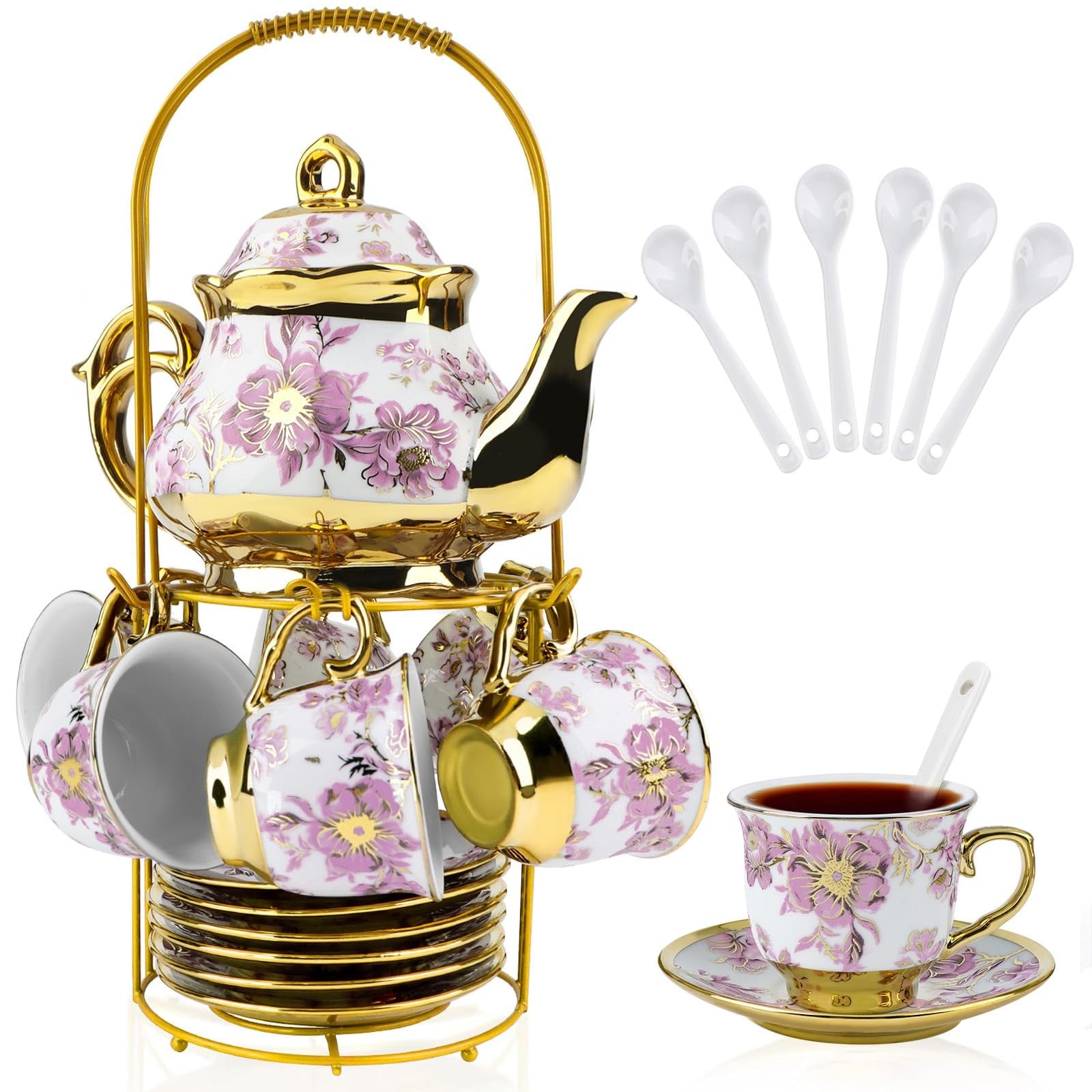 Hebaogugu 20-piece porcelain tea set with metal holder, includes cups and teapot, European ceramic design, 700ml capacity