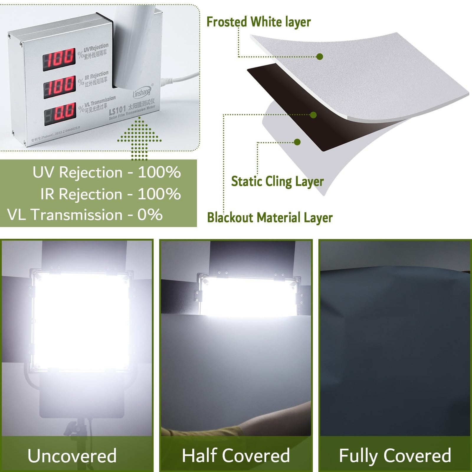 Velimax white blackout window film, opaque and light blocking, shown on a window for privacy and room darkening.