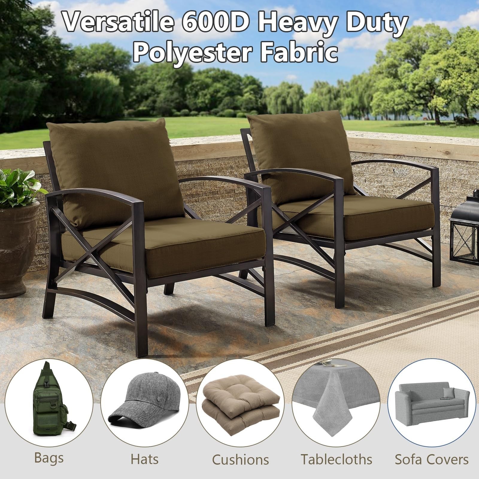 Waterproof canvas fabric by Konelia, 58-inch 600D polyester upholstery material, shown in a natural fabric roll with textured surface.