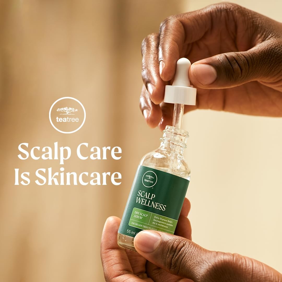 Tea Tree Scalp Wellness Dry Scalp Serum for dry hair, daily scalp dryness relief with natural tea tree oil in a clear dropper bottle.