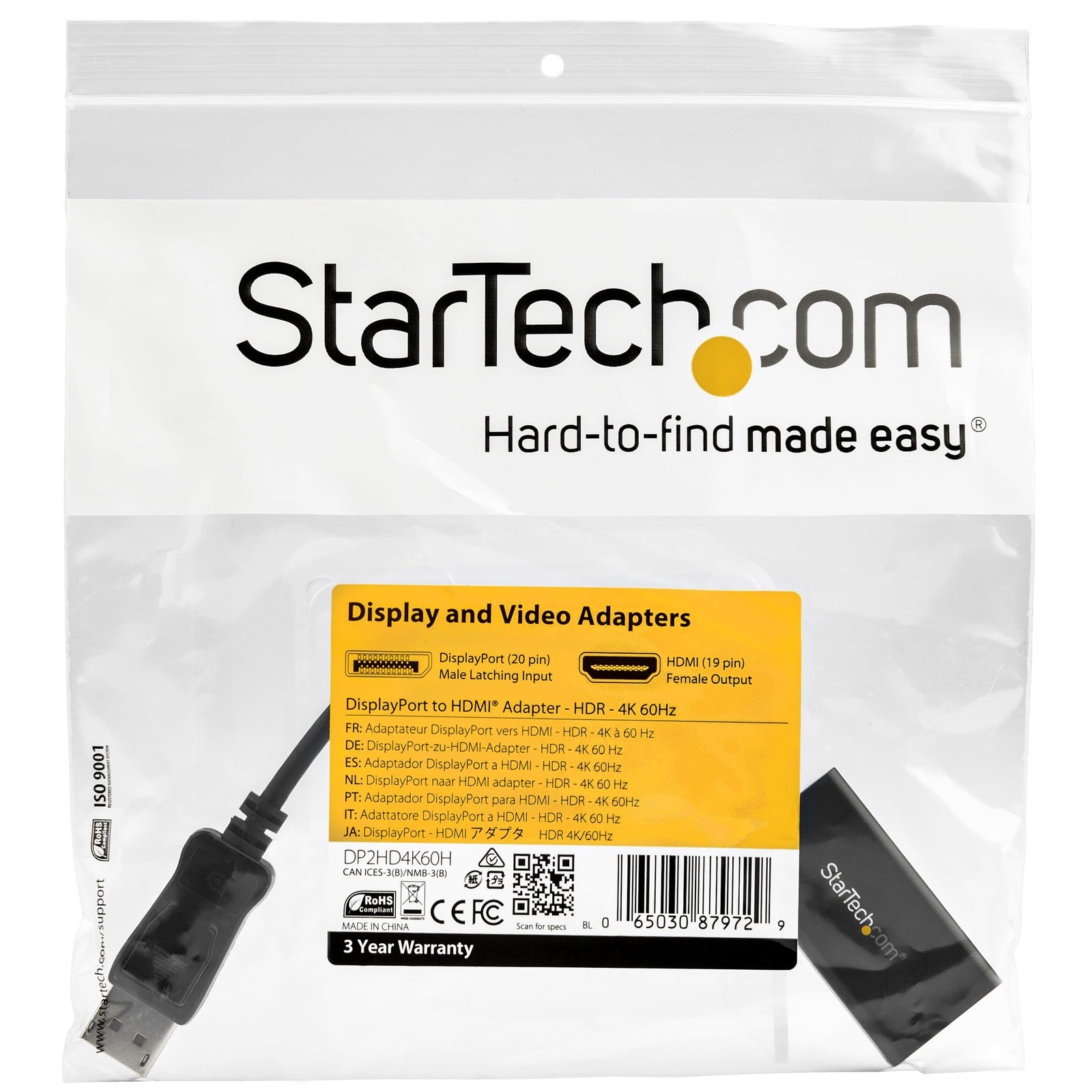 StarTech.com DisplayPort to HDMI adapter showing the compact gold-plated connector and cable for 4K 60Hz HDR10 video transfer