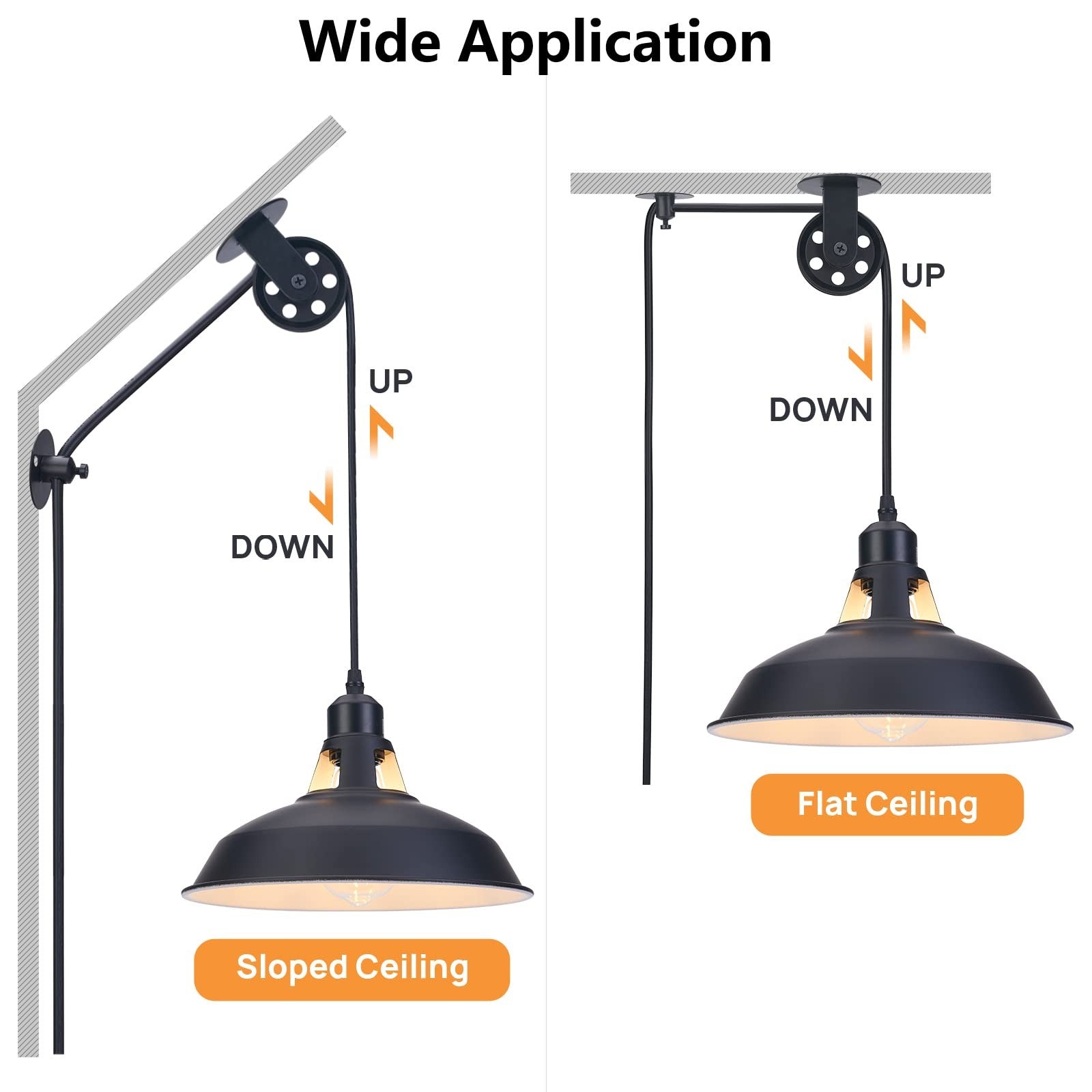 Lomoky industrial plug-in pulley pendant light with 14.76ft cord and on/off switch, showing a sleek metal fixture and cord hanging from ceiling.