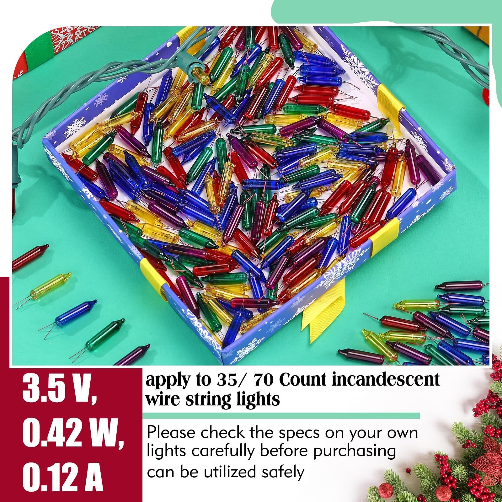 Set of 720 Remagr 3.5V Christmas mini incandescent light bulbs on wire for holiday decorating, showcasing the small bulbs and wiring.