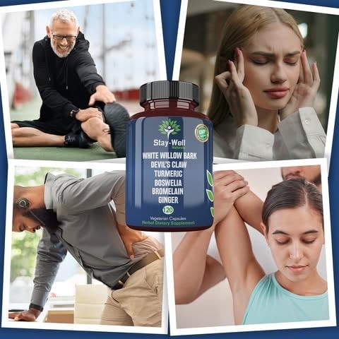 Stay-Well Naturals Pain Relief supplement featuring white willow bark, devil's claw, and turmeric in a bottle.