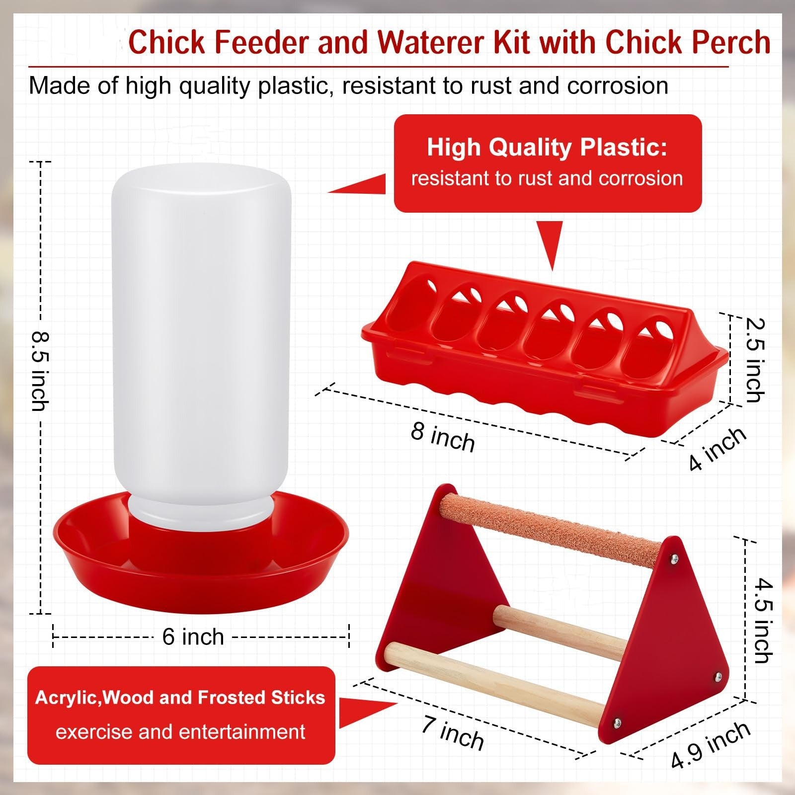 Patelai 12-piece chick feeder and waterer kit with mini perches for poultry care, showing assembled feeding supplies.