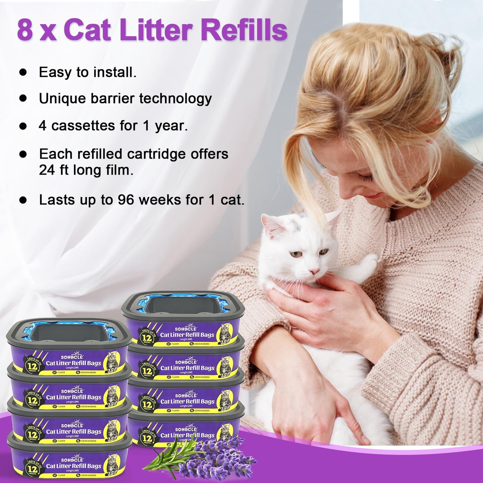 SOHBCLE upgraded cat litter refill bags 8-pack cartridges compatible with Genie Cat Litter, showing sealed refill bags in packaging