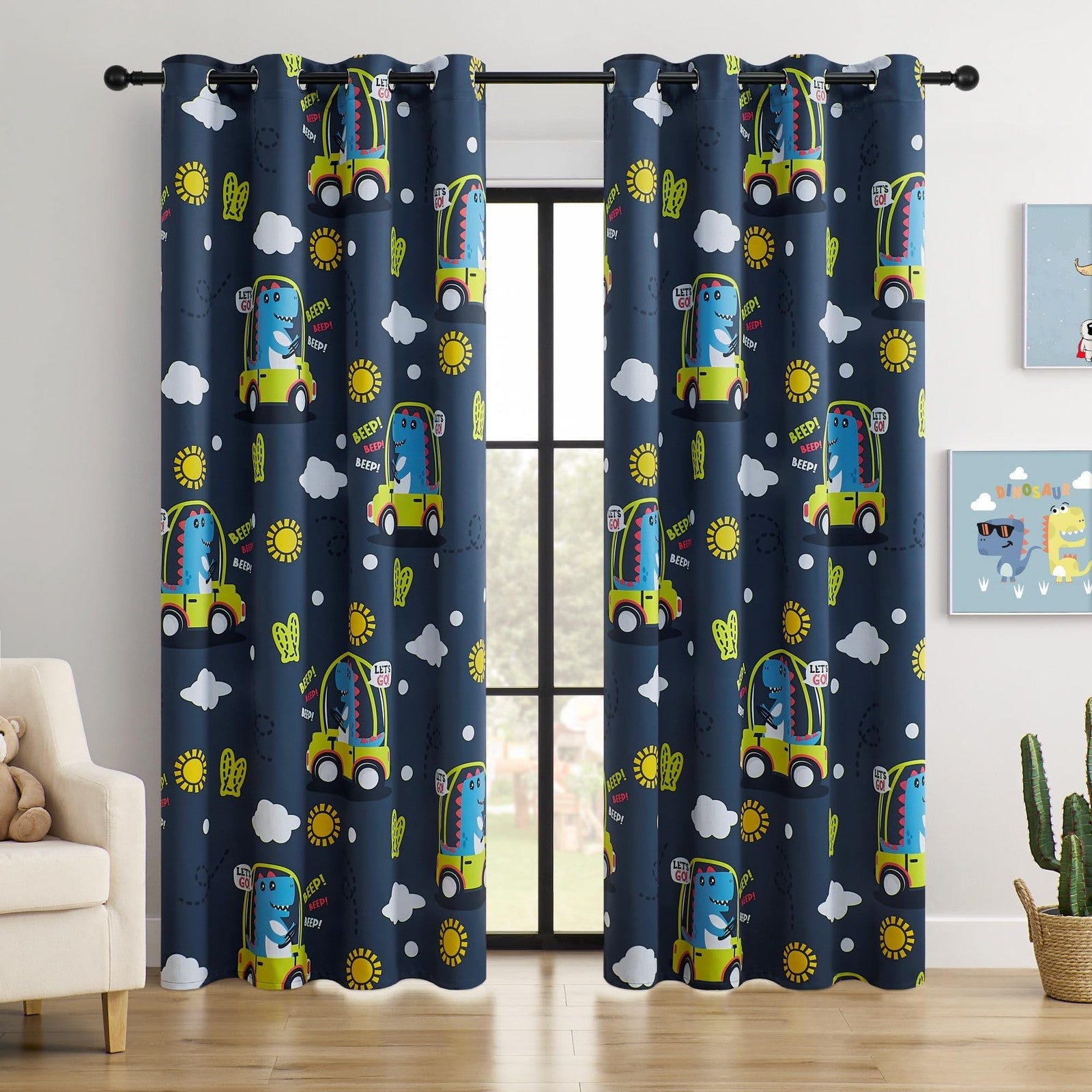 BOHOMOCASA Kids Dinosaur Blackout Curtains, 2 panels, each W52 x L84, featuring colorful dinosaur print on blackout fabric.