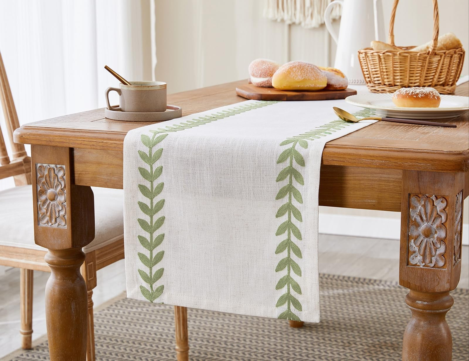 Rustic Aoztio embroidered table runner with irregular willow leaf design, 13x108 inches, featuring detailed embroidery on fabric.