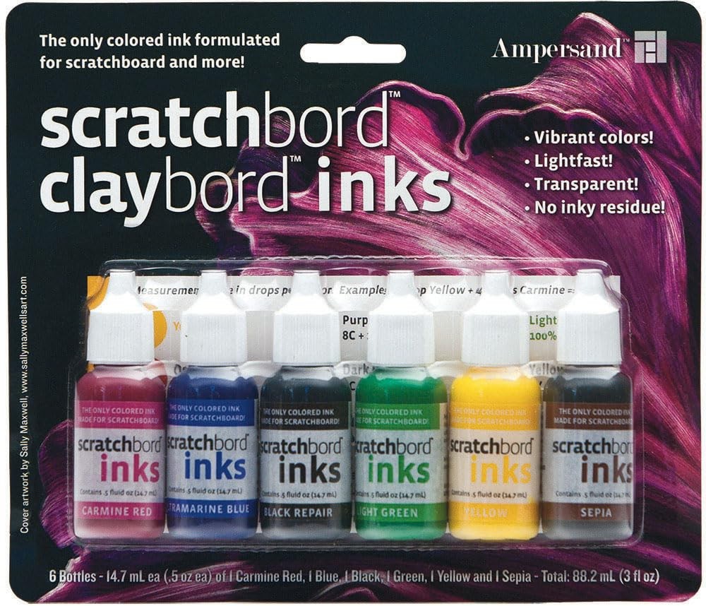 Ampersand Art Supply Scratchbord 6 Color Ink Set with vibrant ink bottles on a white background for mixed media art.