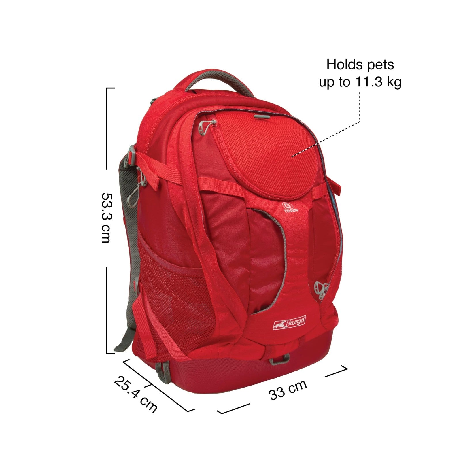 Kurgo G-Train dog carrier backpack with padded straps and mesh panels, designed for comfortable travel with pets up to 25 pounds.