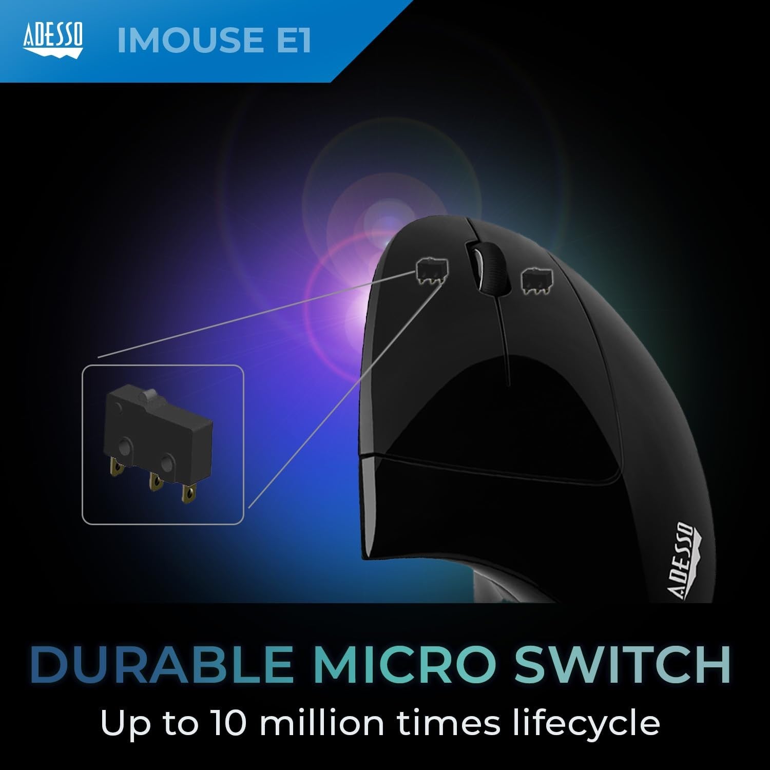 Adesso wired vertical ergonomic optical USB mouse with illuminated buttons and six-button layout, designed for right-handed use.