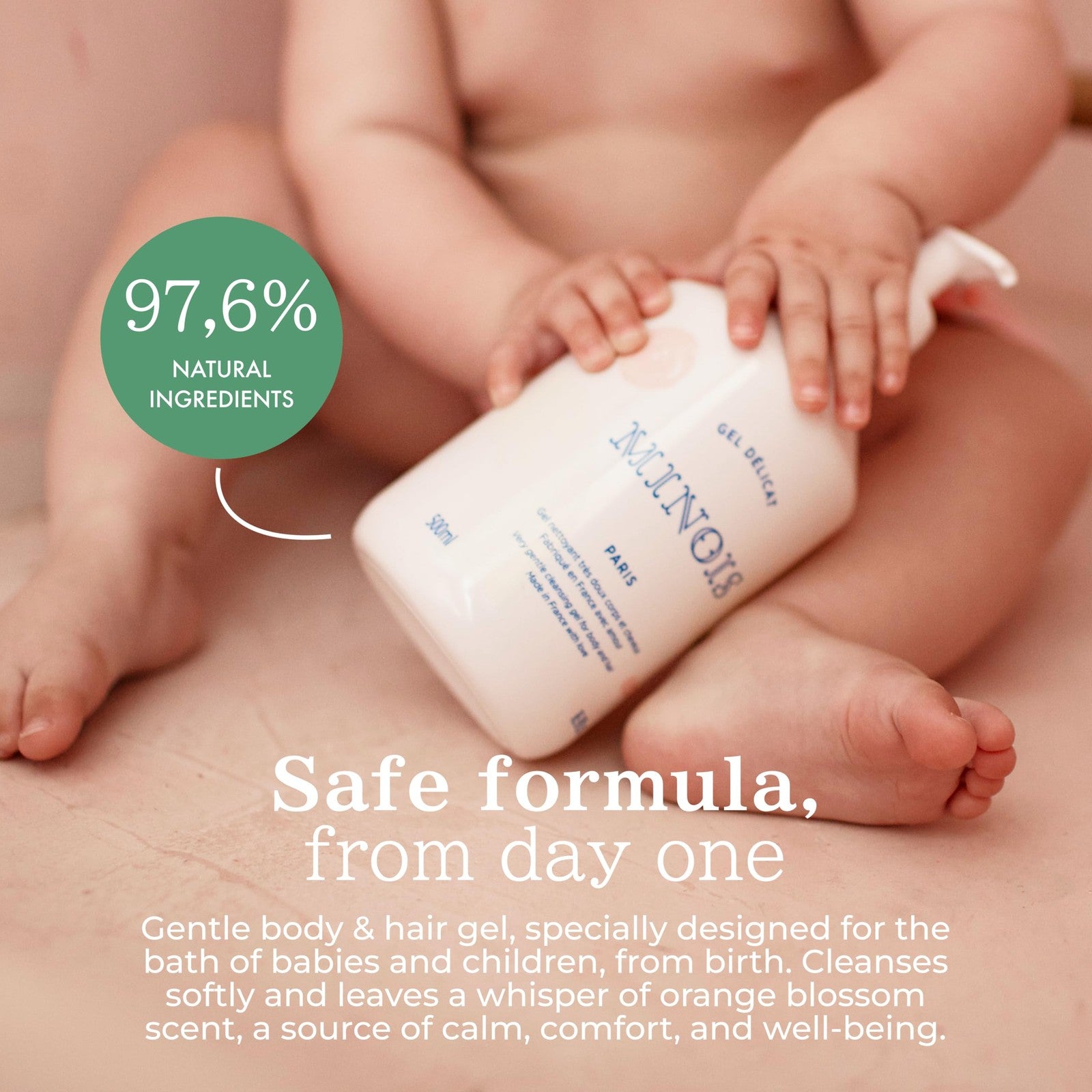 MINOIS PARIS baby wash and shampoo bottle with orange scent, gentle body and hair cleanser for infants.
