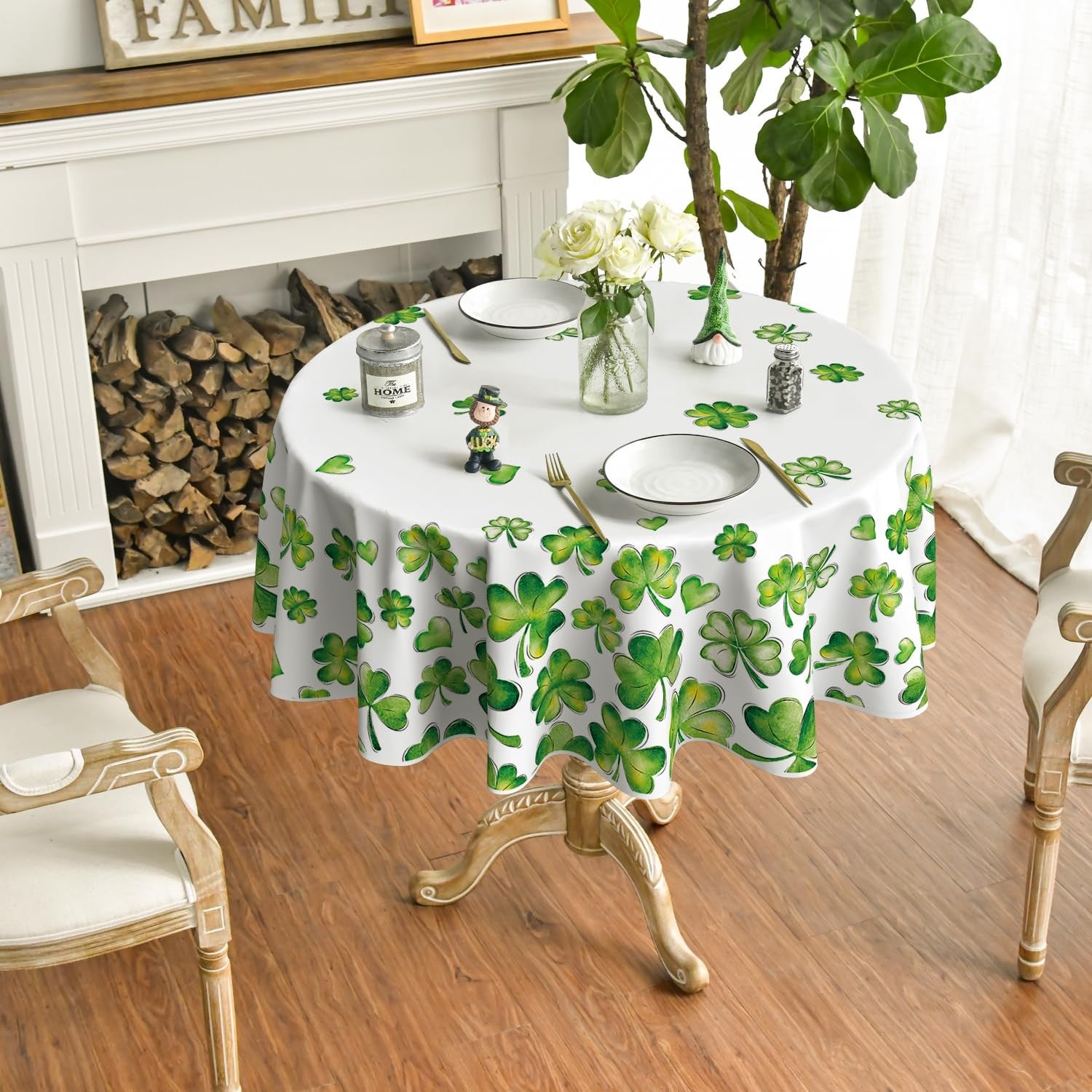 Horaldaily St. Patrick's Day round tablecloth, 90-inch with watercolor shamrock design, ideal for festive celebrations.
