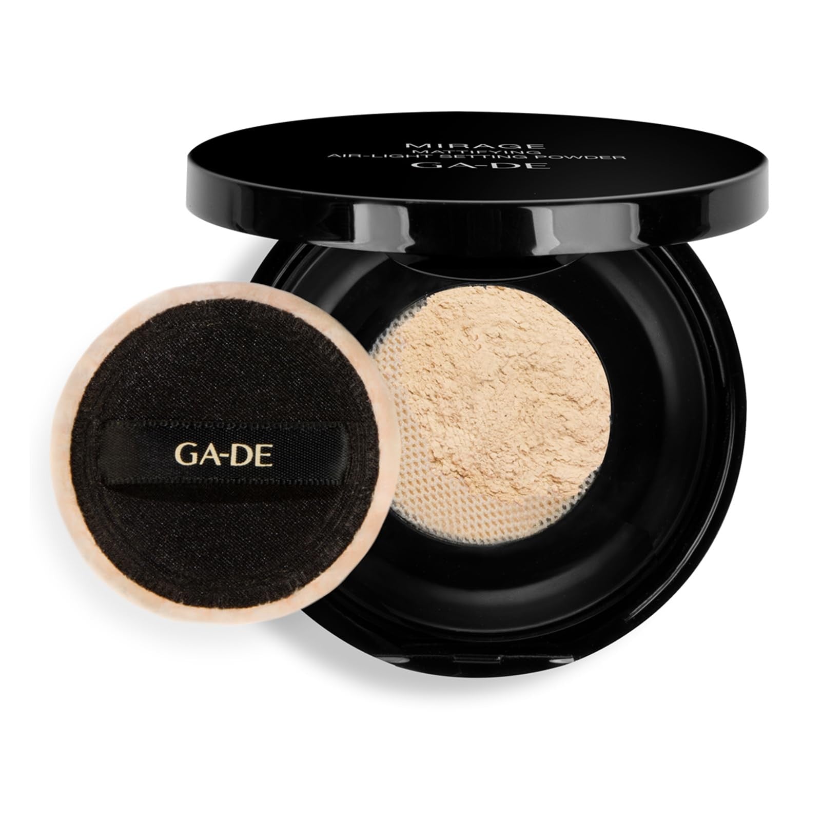 GA-DE Mirage Air-Light Setting Powder with matte finish and shine-free look, shown in a sleek, transparent compact.