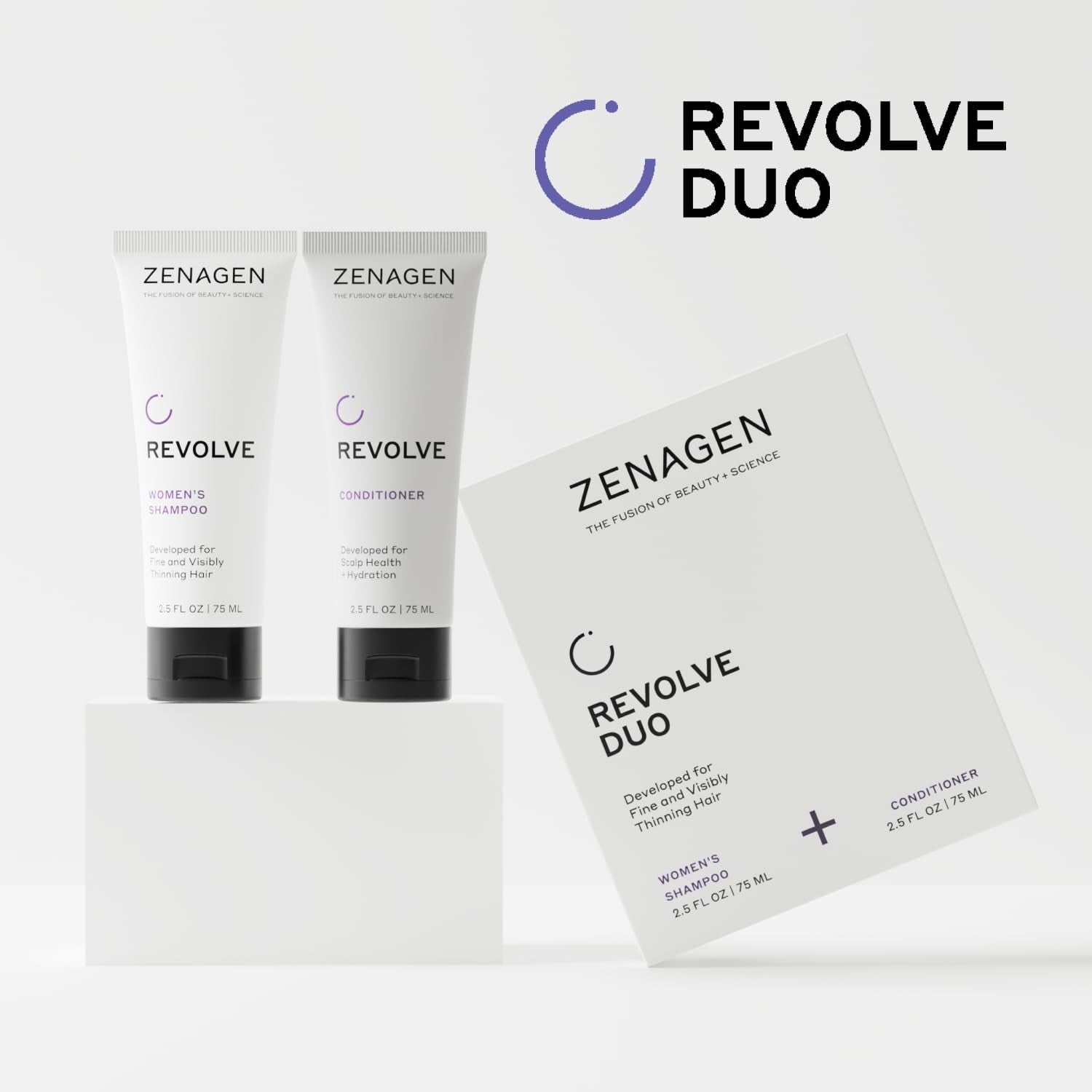 Zenagen Revolve Women's Travel Kit with shampoo and conditioner for fine, visibly thinning hair, shown in travel-sized bottles.
