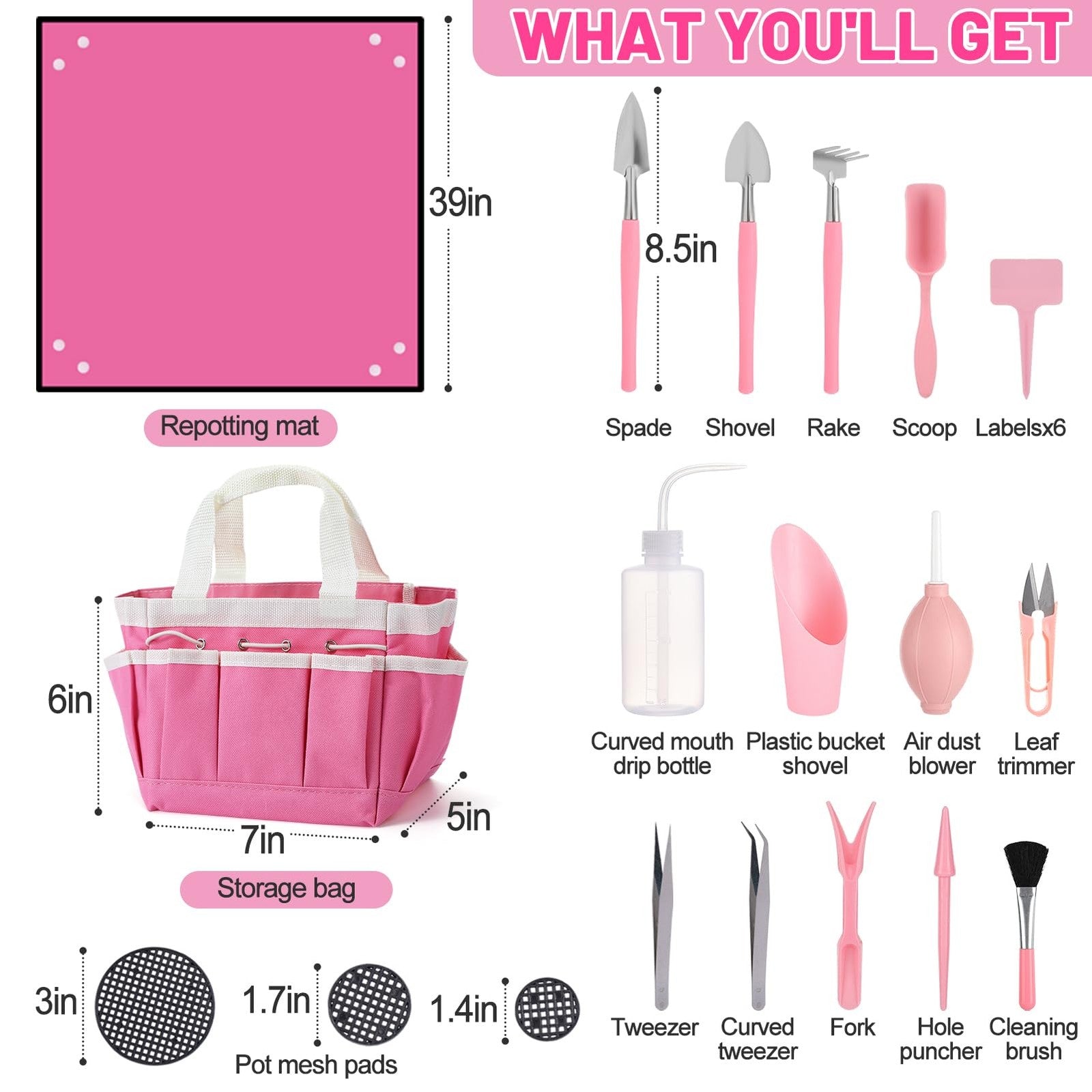 ANPHSIN 44-piece pink gardening tools set with small shovels, scissors, and trowels for succulents, bonsai, and transplanting tasks
